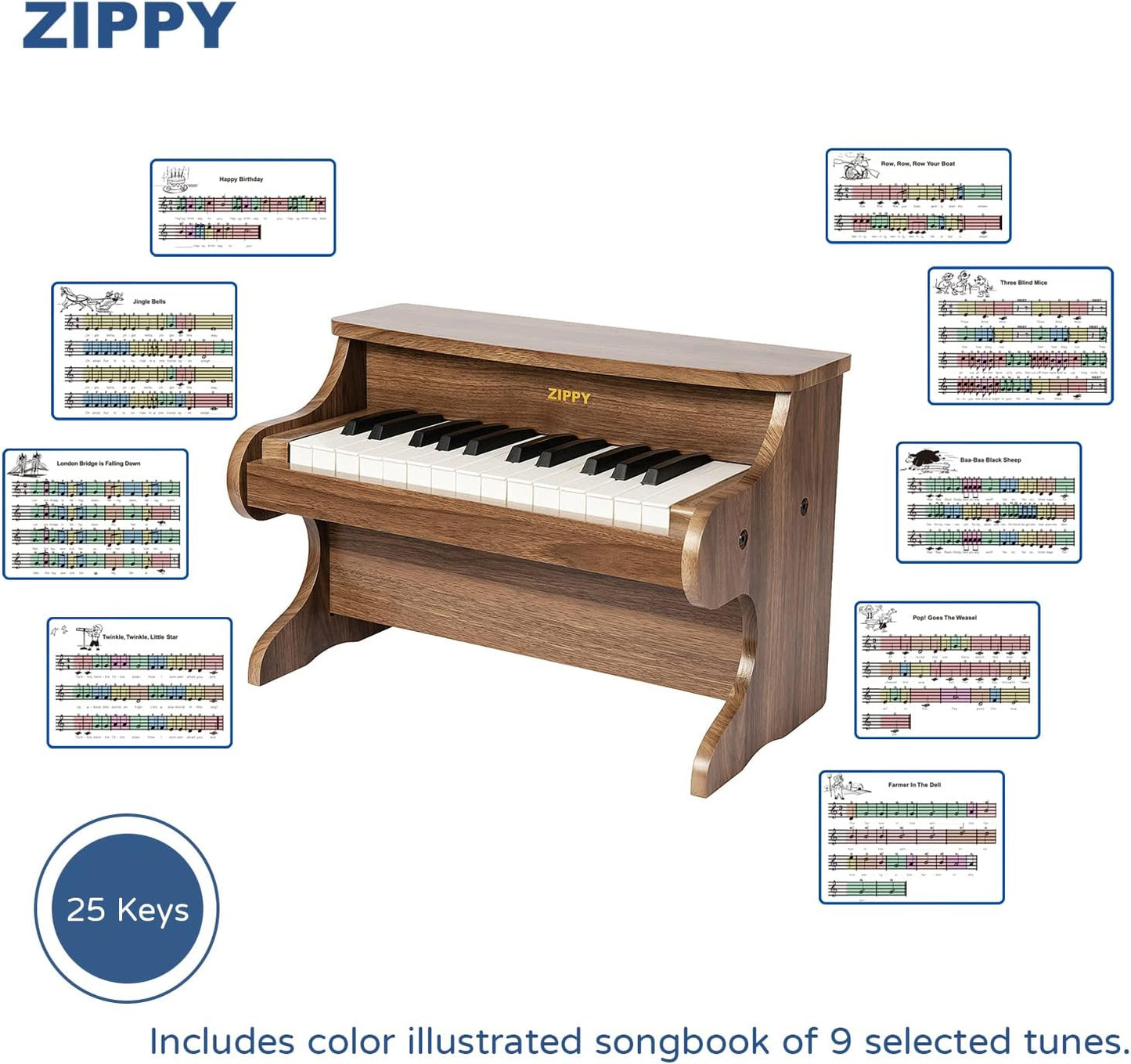 ZIPPY Kids Piano Keyboard, 25 Keys Digital Piano for Kids, Mini Music Educational Instrument Toy, Wood Toy for Toddlers Girls Boys (Walnut)