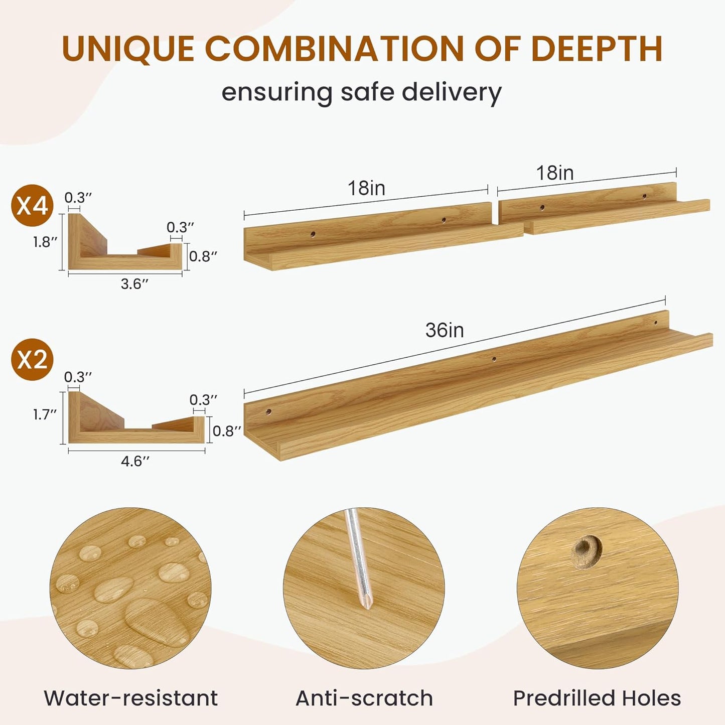 Axeman Picture Ledge Shelf, Floating Shelves for Wall Decor Storage Set of 6, 36 inch Floating Wall Mounted Shelves, Wall Shelves with Lip for Living Room, Bedroom, Nursery, Bathroom, Kitchen, Oak