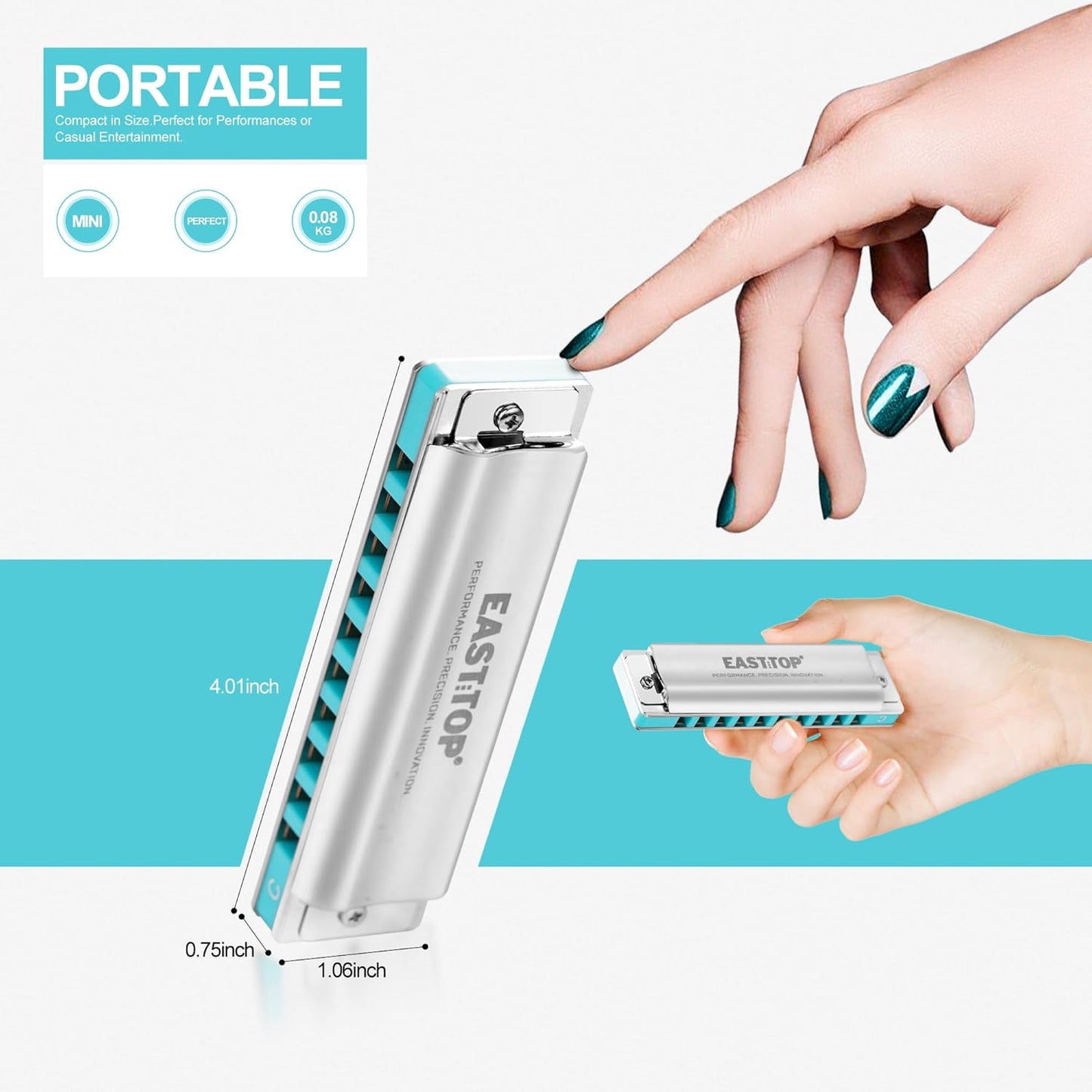 East top Harmonica, Advanced Diatonic Harmonica Key of F#, 10 Holes Blues Harp Mouth Organ Harmonica with Silver Cover, Blues Harmonicas For Adults, Professionals and Students