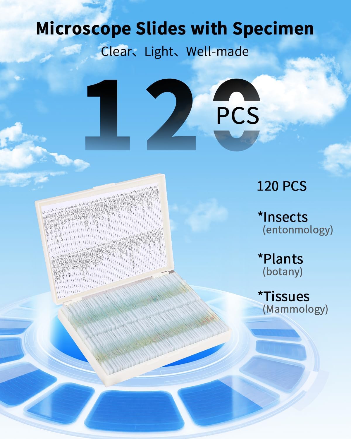 120-Pcs Microscope Slides with Specimens,Pre-Made Glass Slides with Specimens,Educational Microscope Slides and Covers for Young Scientists,Perfect for Biology Class and Experiments