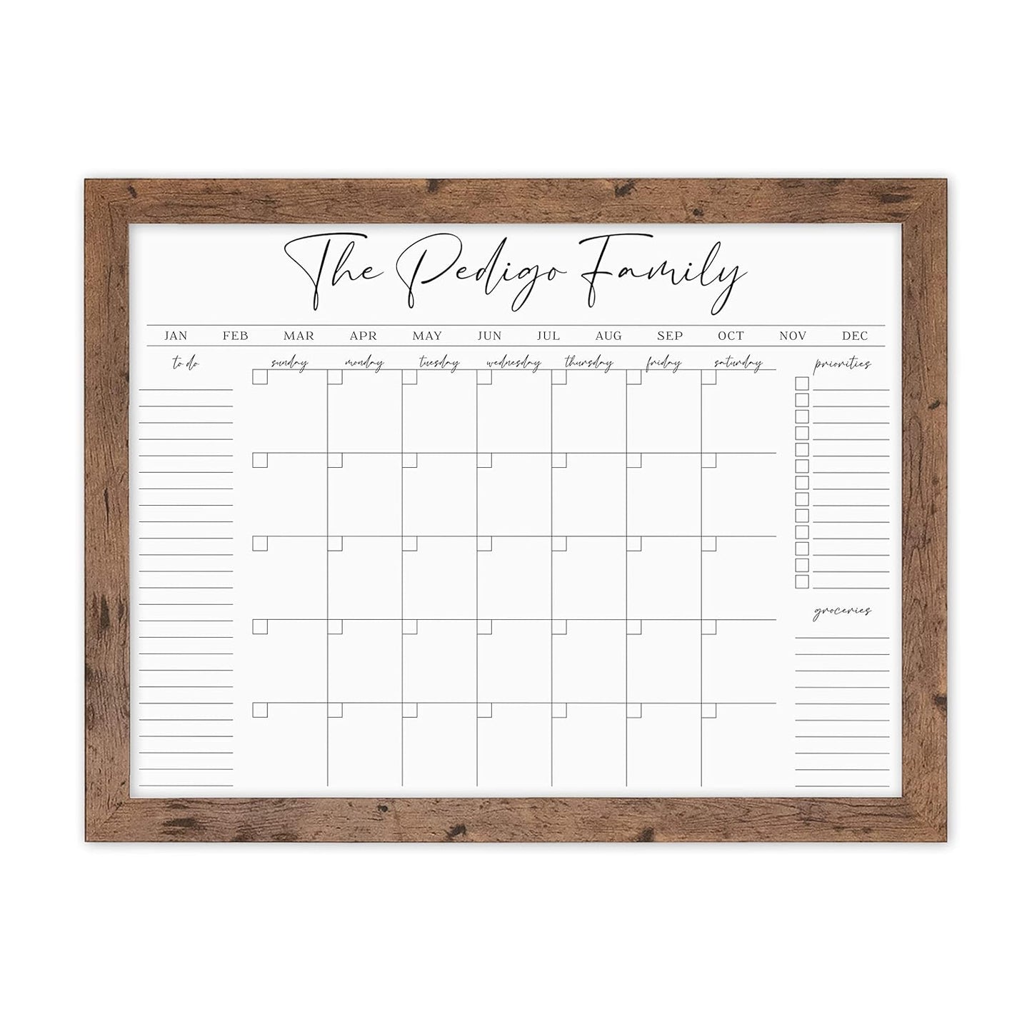 Personalized Dry Erase Wall Calendar with Custom To do list and Notes Organization Sections | Large Whiteboard Calendar (24" W x 18" H, Walnut Frame)