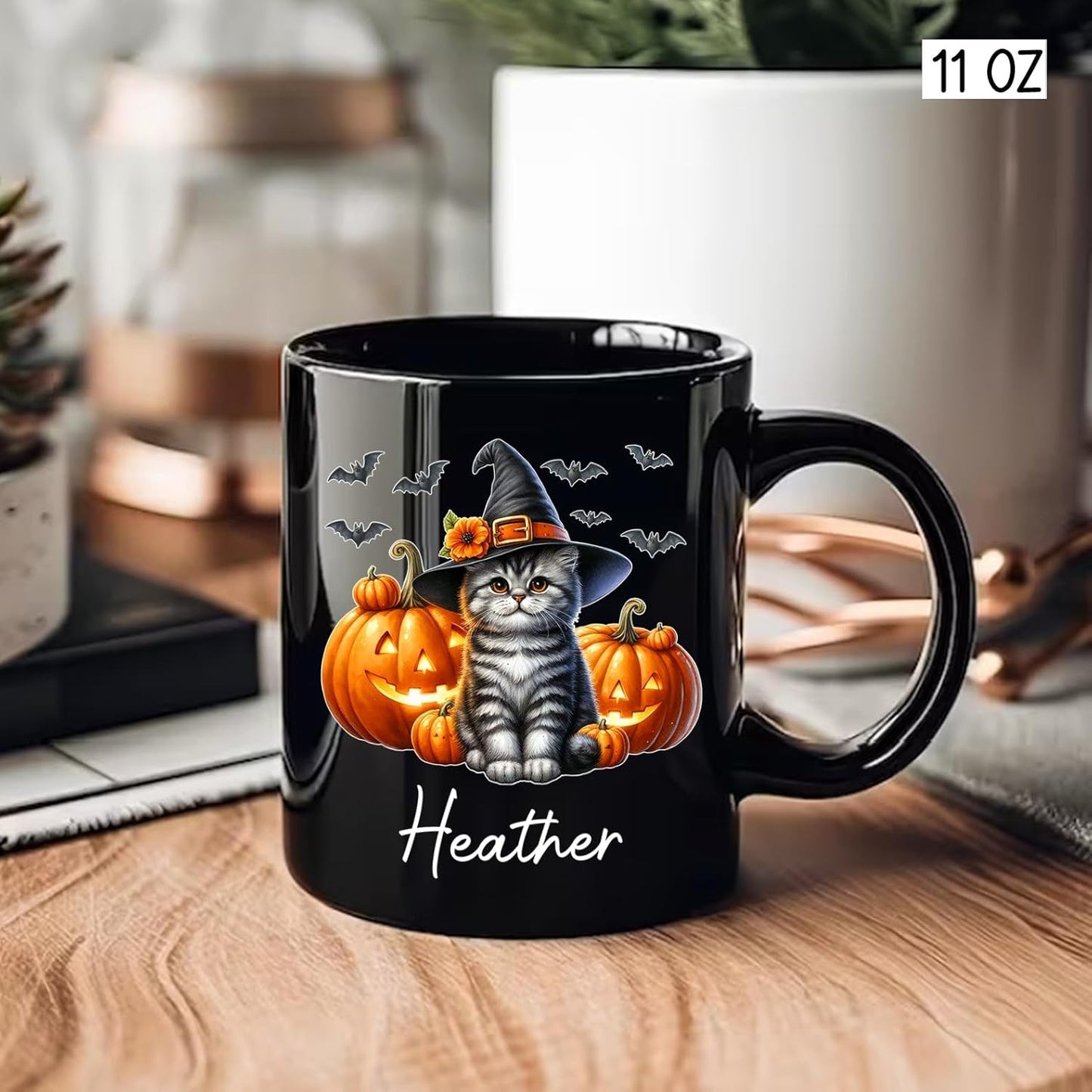 Customized American Shorthair Wearing Witch Hat Cup, Personalized Name American Shorthair Coffee Mugs, Cat with Pumpkins Ceramic Cups, Cat Halloween Black Mug 11oz 15oz, Gift for Halloween