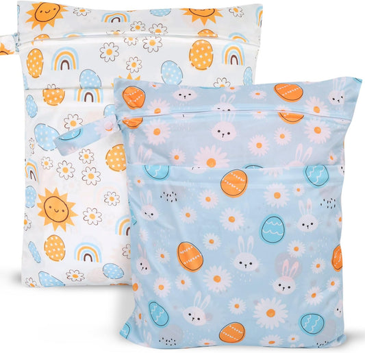 2pcs Travel Waterproof Laundry Bag, Cloth Diaper Wet Dry Bags with Handle 2 Zipper Pockets Washable Dirty Clothes Travelling Hanging Bathing Beach Daycare Yoga Gym Sports Exercise Swimsuits