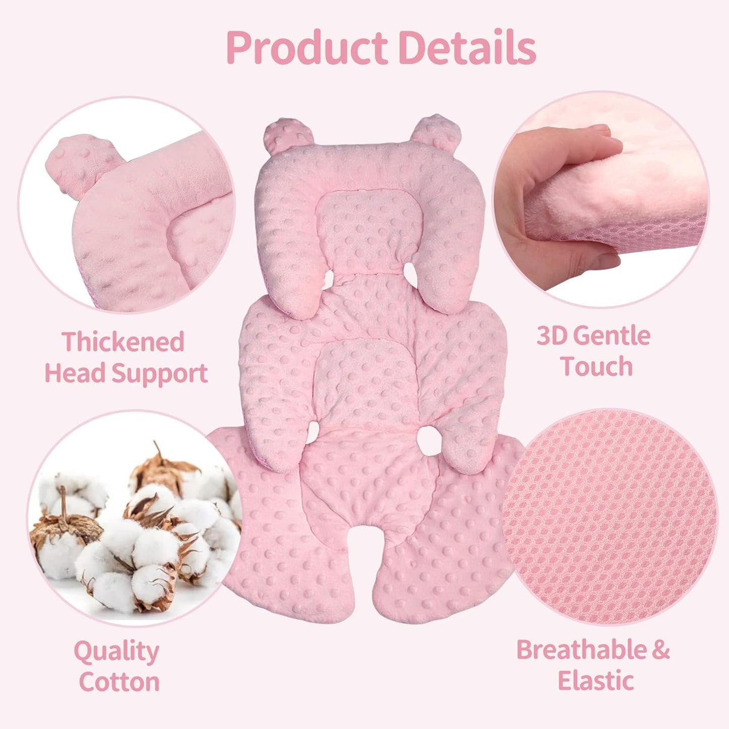 3in1 Reversible Carseat Head Body Support Newborn,3D Minnky Infant Car Seat Insert,Extra Soft Breathable Baby Car Seat Pillow Cushion Boys Girls,fit Stroller,Bouncer,Swing(Pink)