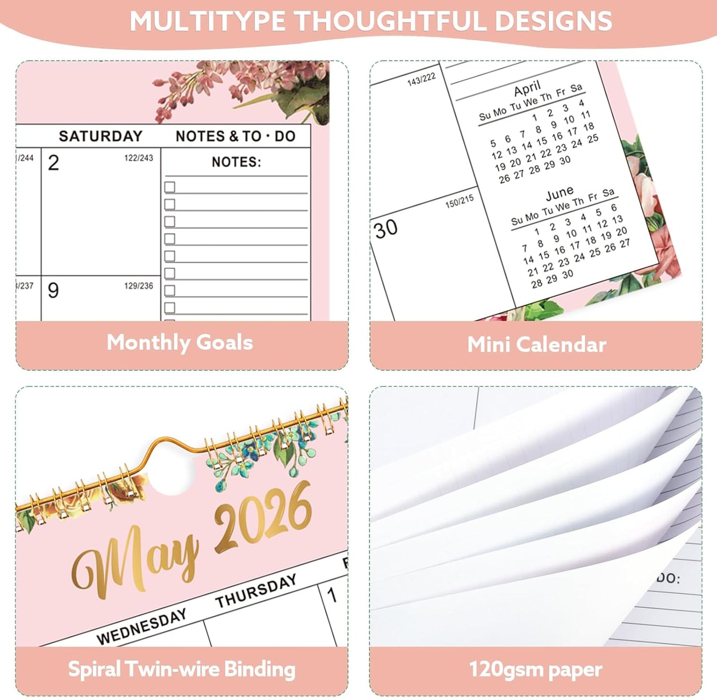 Wall Calendar 2026-2027, 18 Month Large Desk Calendar from January 2026 to June 2027 14.5" x 11.8" Monthly Calendar with Twin-Wire Binding for Home Office Planning Organisers, Flower Design