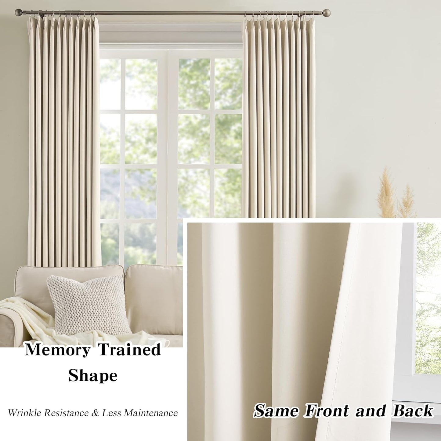 KEQIAOSUOCAI Pinch Pleated Curtains 150 Inches Long,Memory Shape Room Darkening Soundproof Window Curtains with Hooks for Bedroom Living Room Track System 40 x 150 x 2 Panels Cream Beige