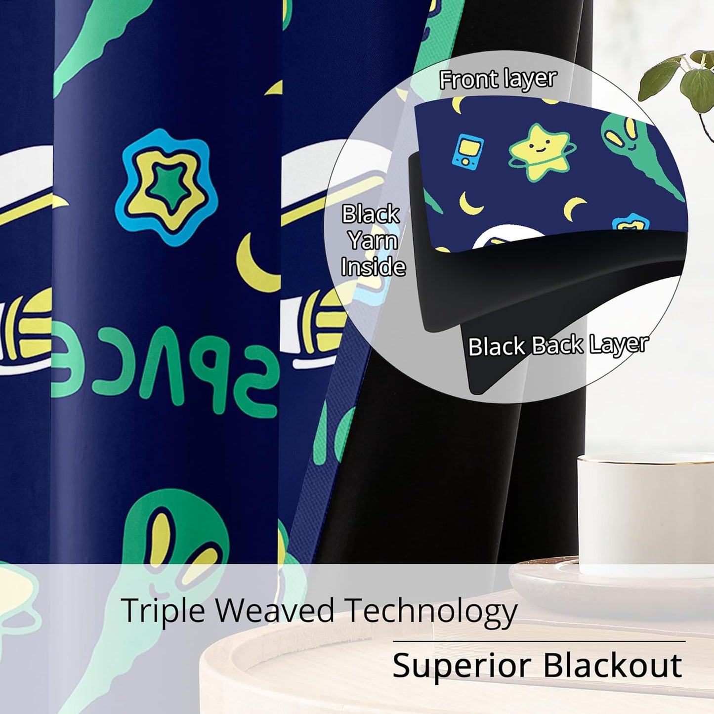 Kids Space Alien Blackout Curtains - 100% Blackout, Thermal Insulated, Noise Reducing, Perfect for Kids Room and Nursery, 2 Panels (Friendly Alien, W52×L63)