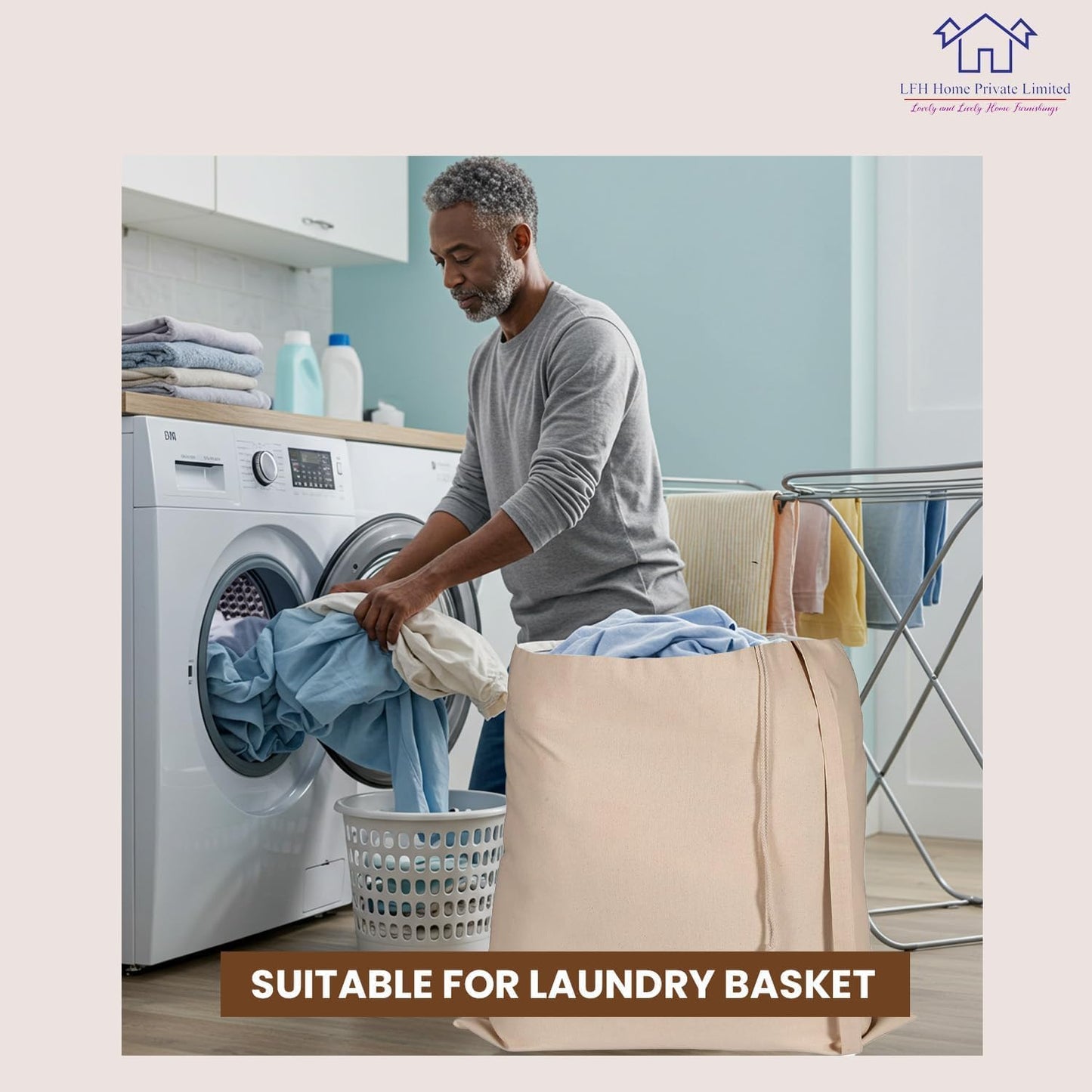 LFH Home Large Premium 100% Cotton Canvas Laundry Bag with Drawstring and Handles Heavy Duty, Multi-Use, and Washable for Home, Travel, College or Storage 28x36 (Pack of 4)-Natural