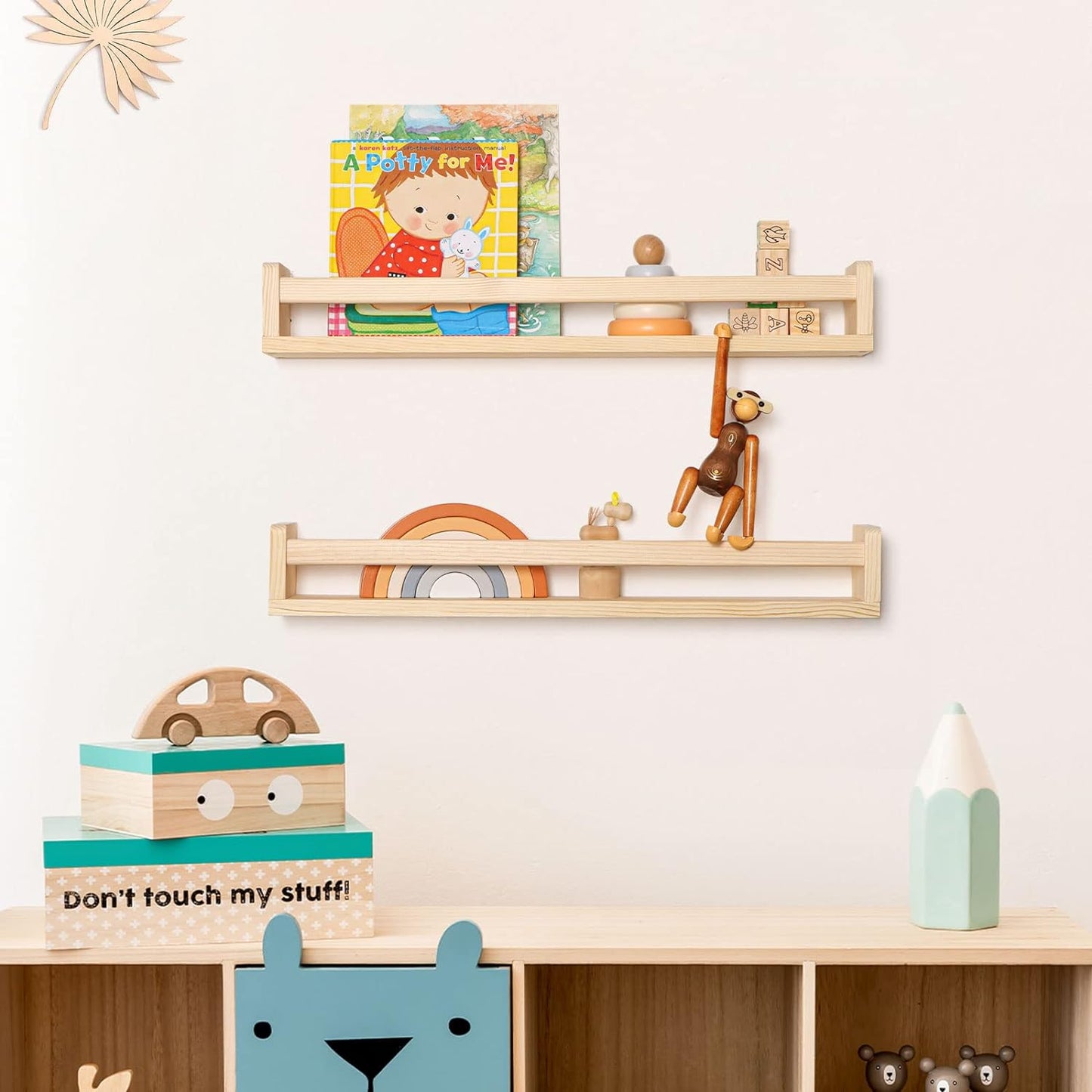 Fun Memories Nursery Book Shelves - Rustic Natural Solid Wood Floating Bookshelf for Kids - Wall Book Shelves for Kids Room (Natural, 32inch - 4P)