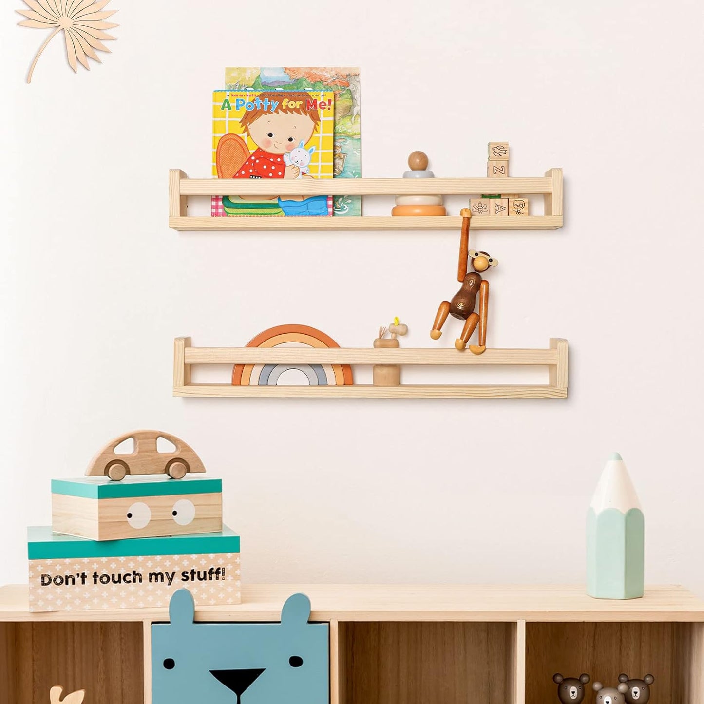 Fun Memories Nursery Book Shelves - Rustic Natural Solid Wood Floating Bookshelf for Kids - Wall Book Shelves for Kids Room (Natural, 24inch - 4P)