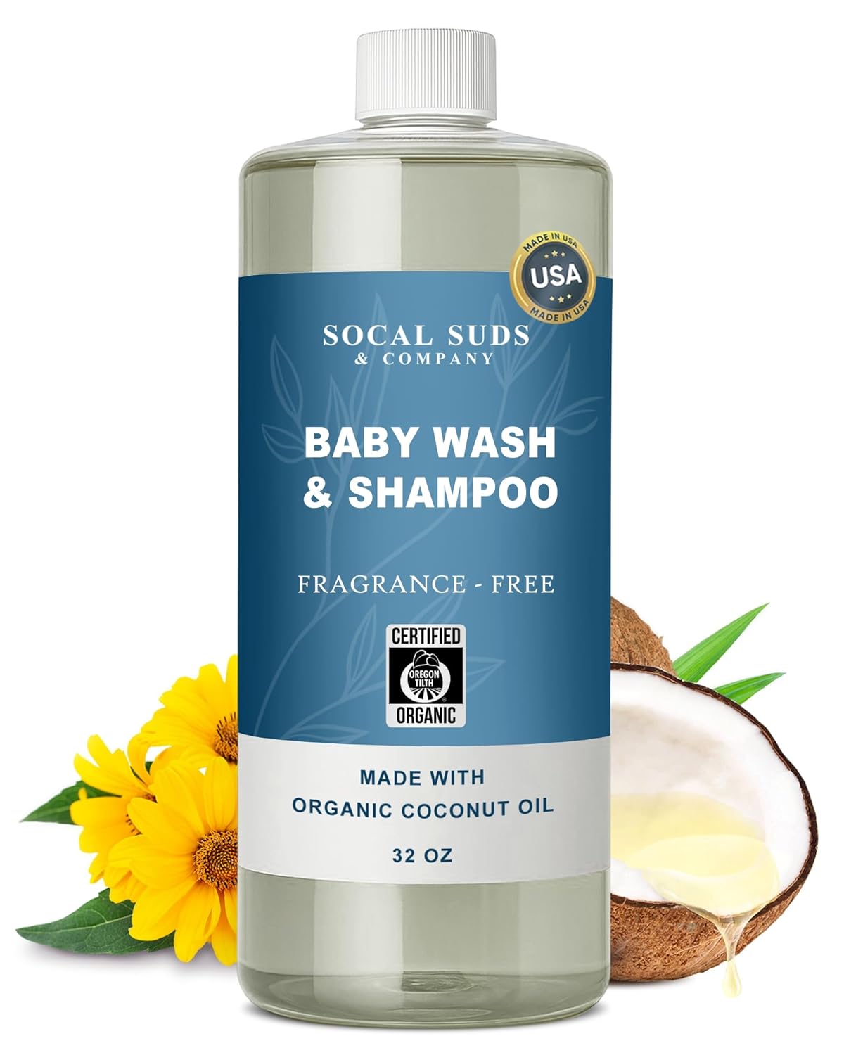 SoCal Suds & Company - 2-in-1 Organic Foaming Baby Wash Castile Soap & Shampoo Refill - Gentle Body Soap for Sensitive Gentle Bath -Nourishing Soothing Ingredients -Newborn Baby - Fragrance Free, 32oz
