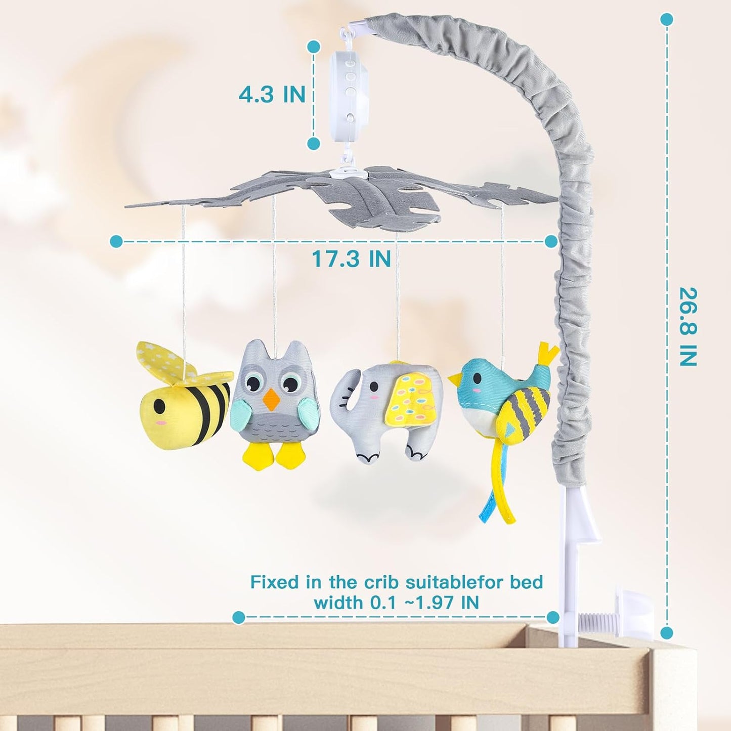 VZO Baby Crib Mobile with Music and Lights, Mobile for Crib with Remote Control, Rotation, Starlight Projection, Crib Toys for Babies Boys Girls Gray