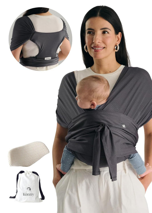 Konny Baby Carrier Flex AirMesh with Head Support- Adjustable, Easy to Wear Baby Wrap Sling, Perfect for Newborn Babies Essentials up to 44 lbs (XS-XL) -Charcoal