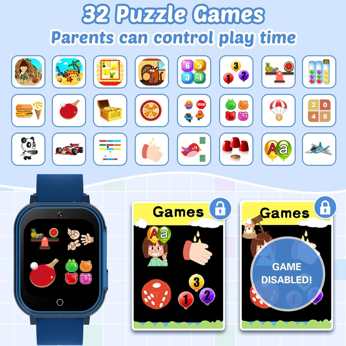 Waterproof Smart Watch for Kids Toys for Boys Age 5-12 with 32 Games, Dual Camera, Habit Tracking, Music Player, Video, Alarm Clock, HD Touchscreen Kids Smart Watch Birthday Gift for 3-12 Year Old