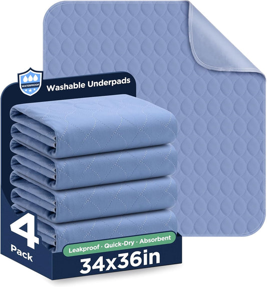 Washable Bed Pads 34" x 36" - 4 Pack, Blue, Waterproof Bed Pads for Incontinence, Bed Wetting Pads for Bed, Sofa, Floor, Resuable Underpads for Adults, Seniors, Pet