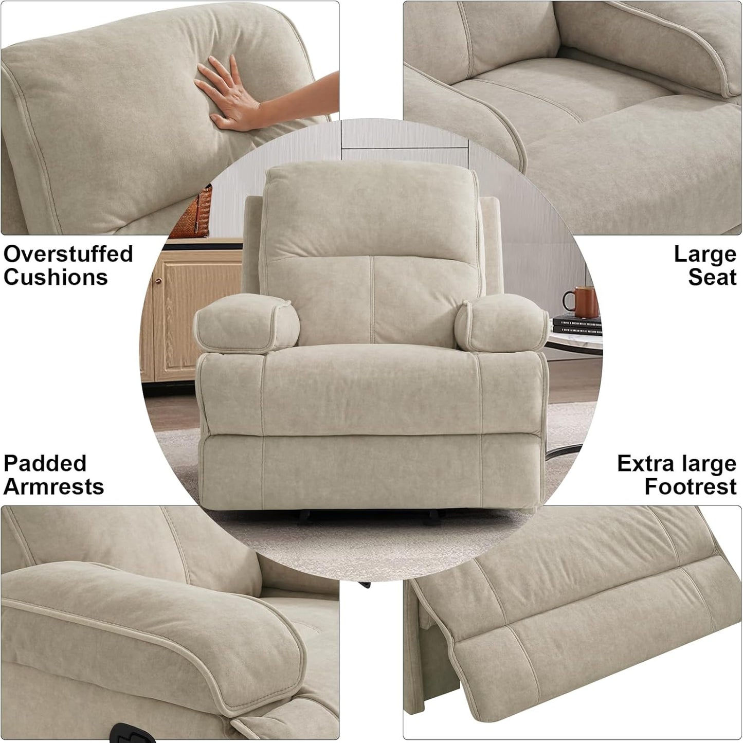 Nursery Glider Recliner Rocking Chair with Extra Large Footrest,Velvet Upholstered Nursing Chair for Breastfeeding for Living Room, Bedroom, Nursing Room (Style A, Beige)