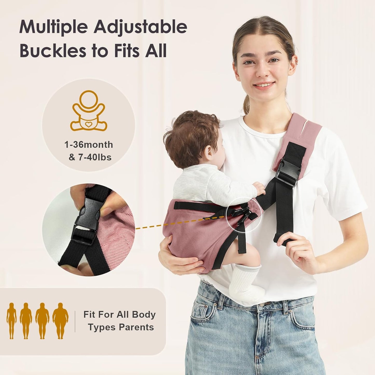 Toddler Sling Carrier, Easy to Wear Baby Carrier Sling 7-40 lbs, Adjustable Lightweight Baby Wrap Sling, Perfect Toddler Hip Carriers One Size Fits All, Pink