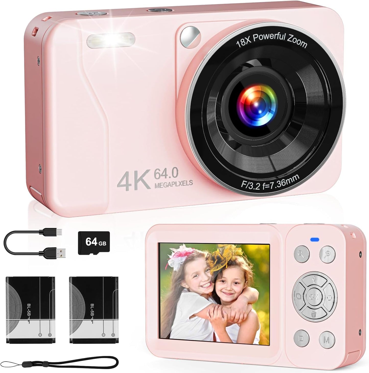 Digital Camera, 4K 64MP, 18X Zoom, Point and Shoot Digital Camera with 64GB TF Card & 2 Batteries, Portable Rechargeable Small Camera for Kids Teens Adult, Pink