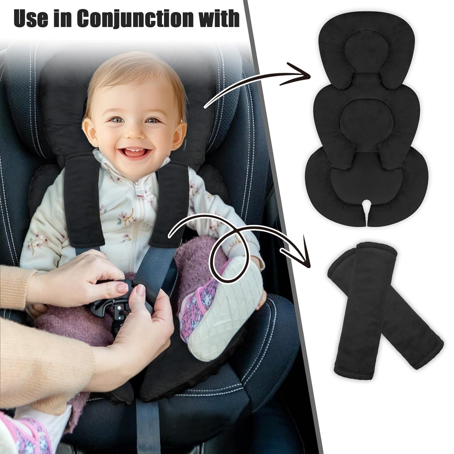 Infant Car Seat Insert Head and Body Support, GFU Reversible Newborn Insert for Carseat with Strap Pads, Soft Stroller Cushion Pillow Insert for Boys and Girls, Fits for Stroller, Swing, Black