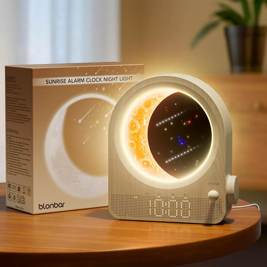 Sunrise Alarm Clocks for Bedrooms, Stepless Dimmable Moon Lamp Dual Alarm Clock Wake Up Light with 12Levels Volume for Heavy Sleepers, 10 Natural Sounds with 30/60/90min Timer Night Light