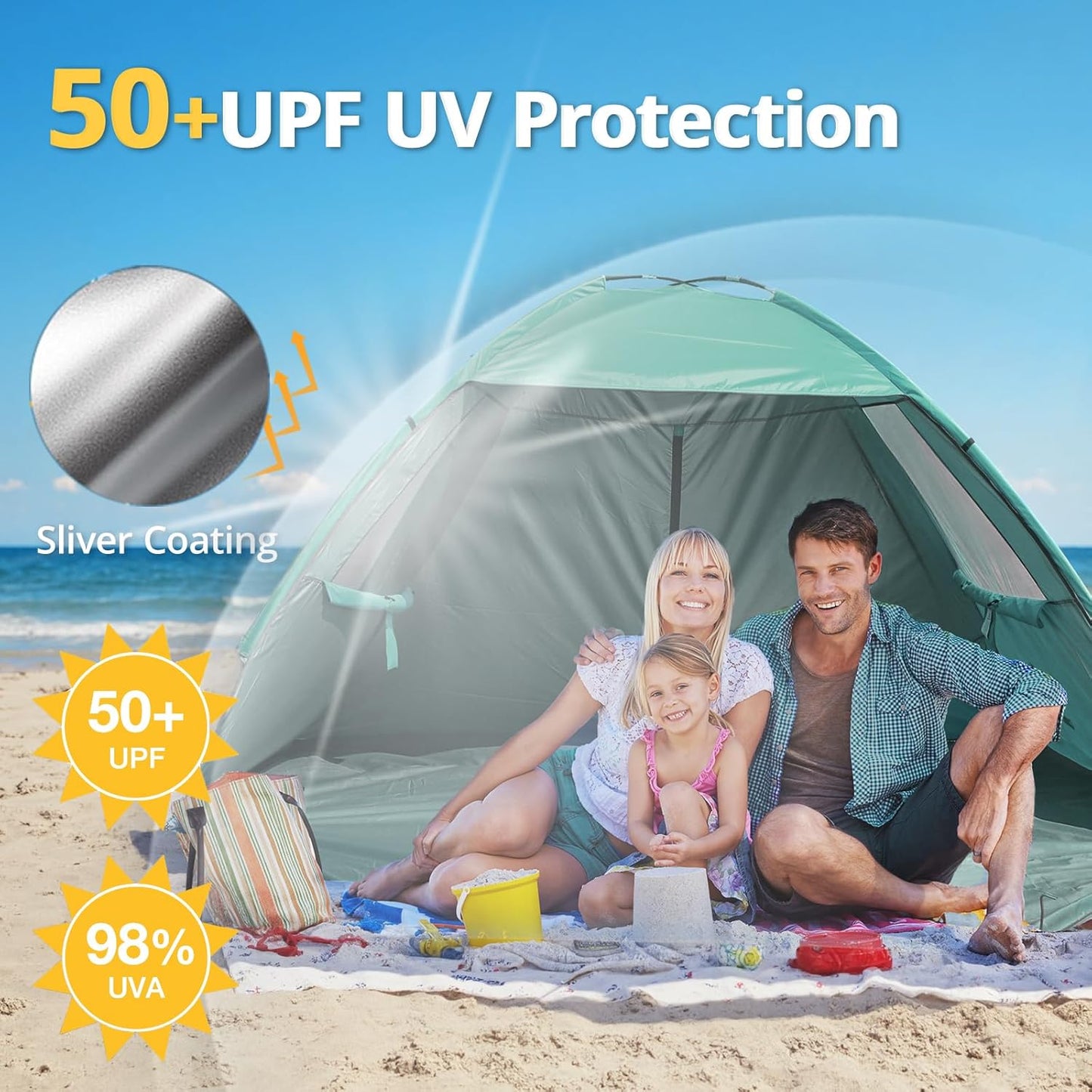 CAMEL CROWN Beach Tent UPF 50+ Sun Shelter for 2/3/5/6 Person, Lightweight Portable Sun Shade with Sand Anchor, Family Beach Day & Outdoor Adventures