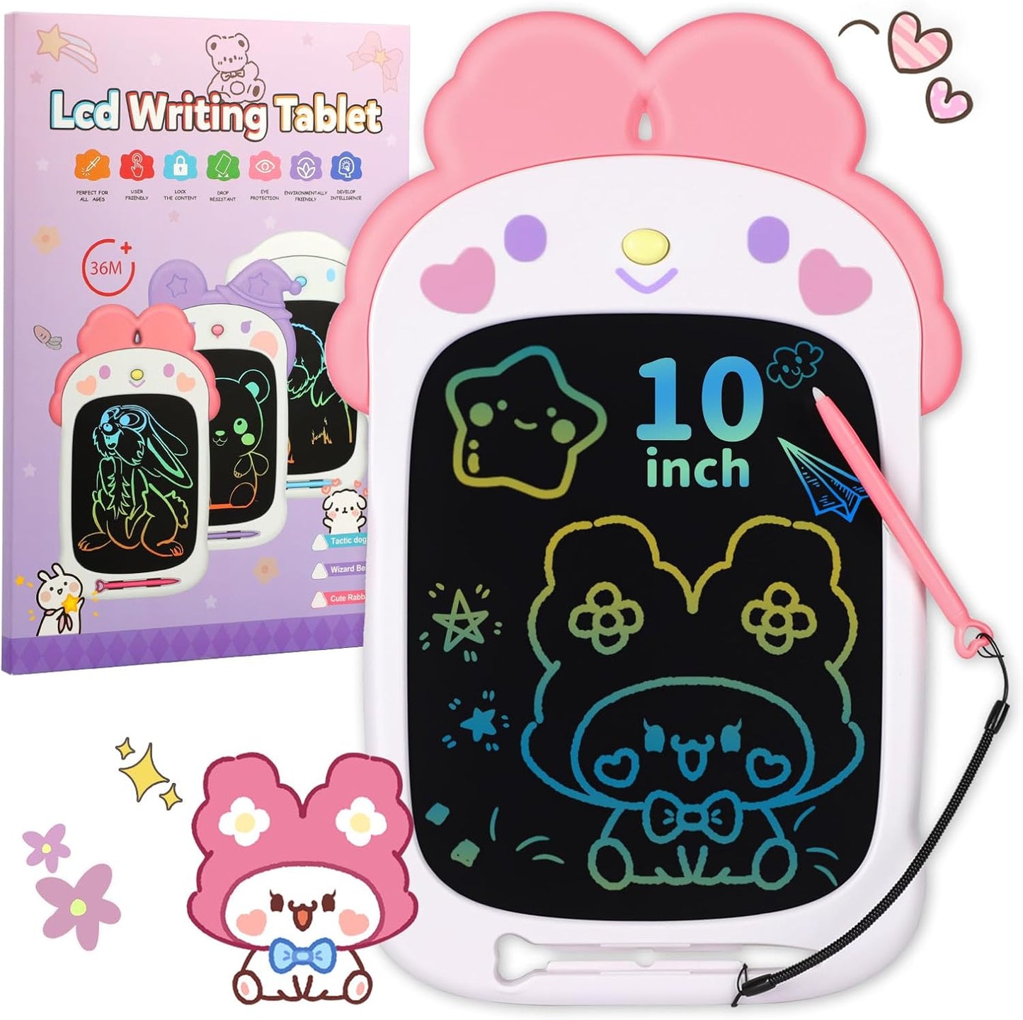 LCD Writing Tablet for Girl 3 4 5 6 Year Old 10 Inch, Drawing Board, Doodle Pad, Paint, Travel Toys, Road Trip, Birthday Gifts for Kids (Pink Bunny)
