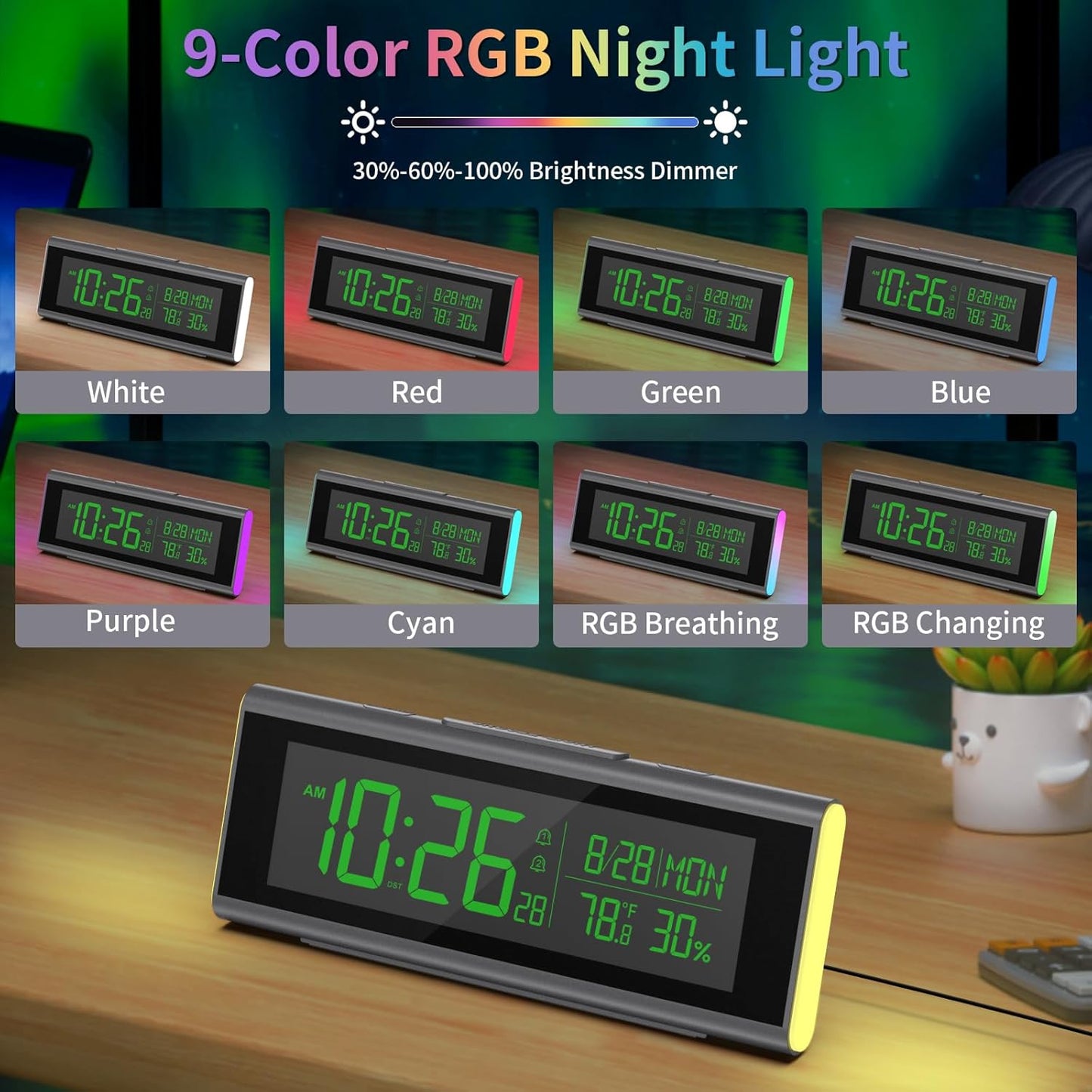 Digital Alarm Clocks for Bedrooms, LED Desk Clock with RGB Night Light, Brightness Dimmer, Date, Week, Temperature Large Display, Modern Decor for Desk, Office, Gift for Kids, Teen, Adults (Black)