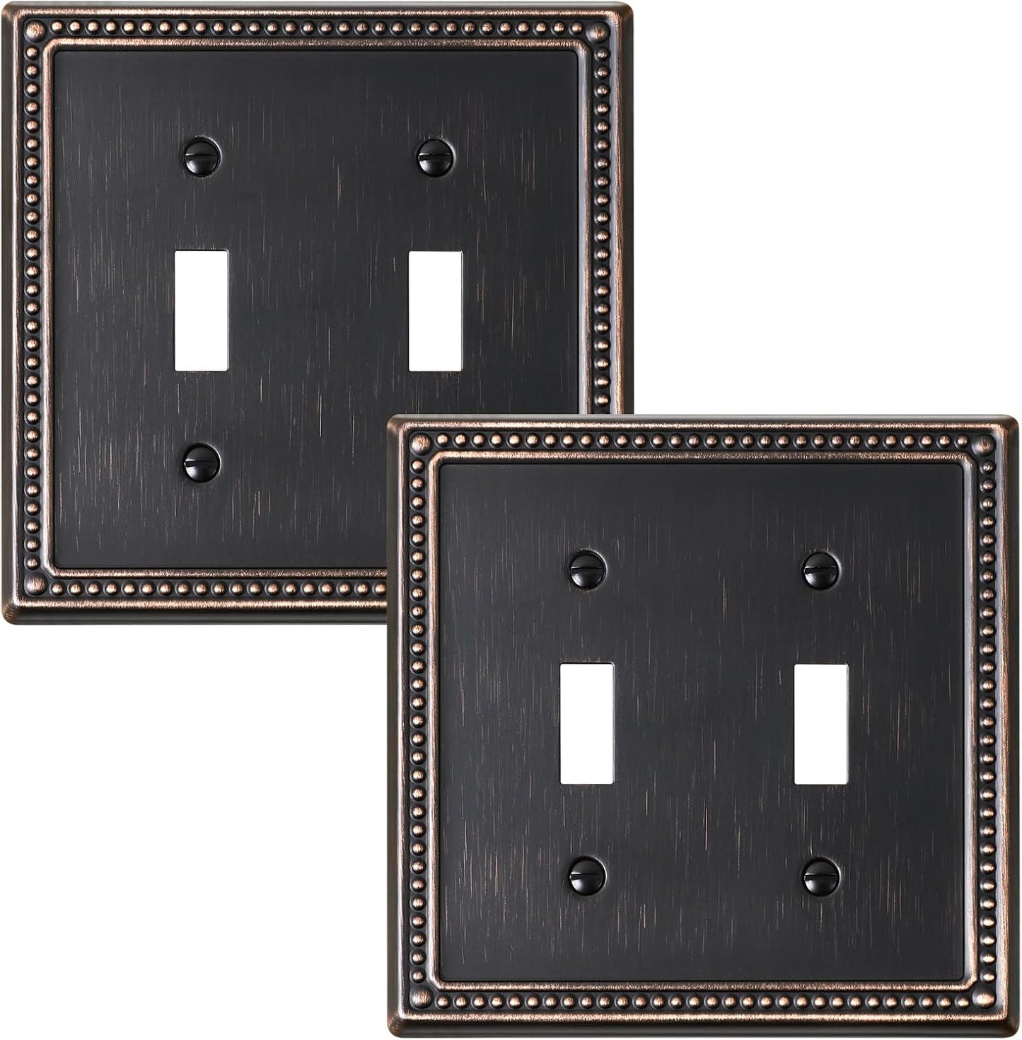 2-Pack Double Toggle Light Switch Cover Plate, Pearls Decorative Dual Switch Plate Covers, Aged Bronze 2 Gang Metal Wall Plate, Corrosion Resistant