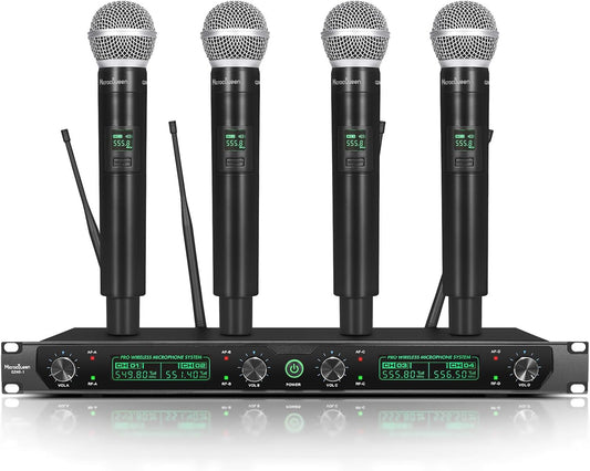 Wireless Microphone System, 4-Channel UHF Professional Mic, Automatically Pair Metal Cordless Mic with 4 Metal Handheld Microphones, 400ft Range, for Singing, Karaoke, Party