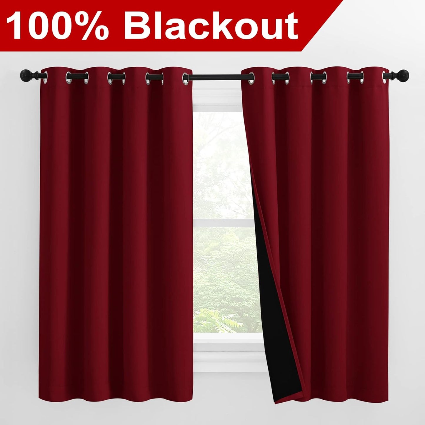 NICETOWN Kitchen Full Blackout Curtain Panels, Super Thick and Soft Insulated Window Covers, 100% Blackout Draperies with Black Backing for Cafe Window (Burgundy Red, Set of 2 PCs, 55 by 57-inch)