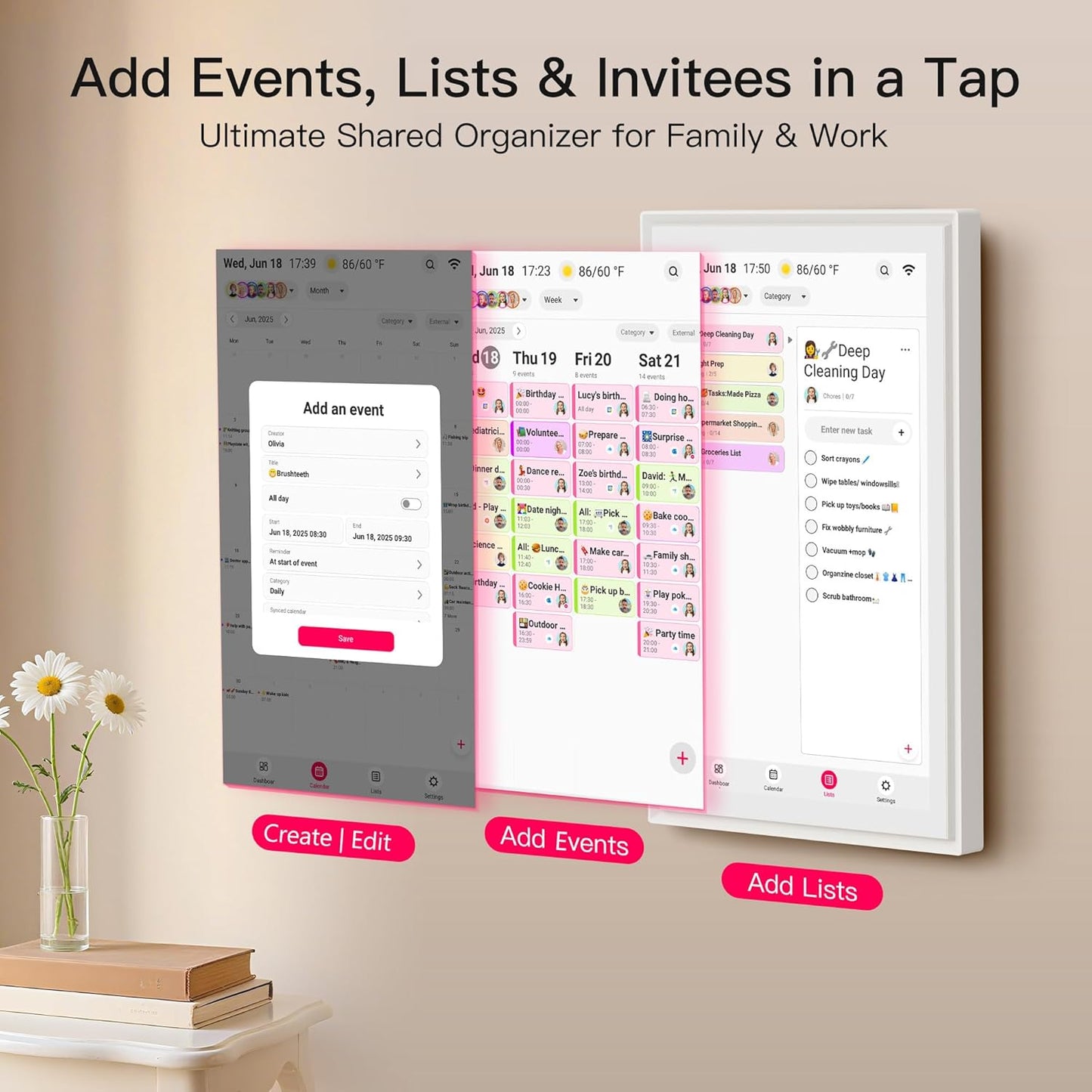15.6 Inch Digital Calendar, Full HD Touchscreen Smart Planner for Family Schedules - Wall & Desk Mount, Great for Seamless Daily Planning & Household Organization, with LED Reminder Light