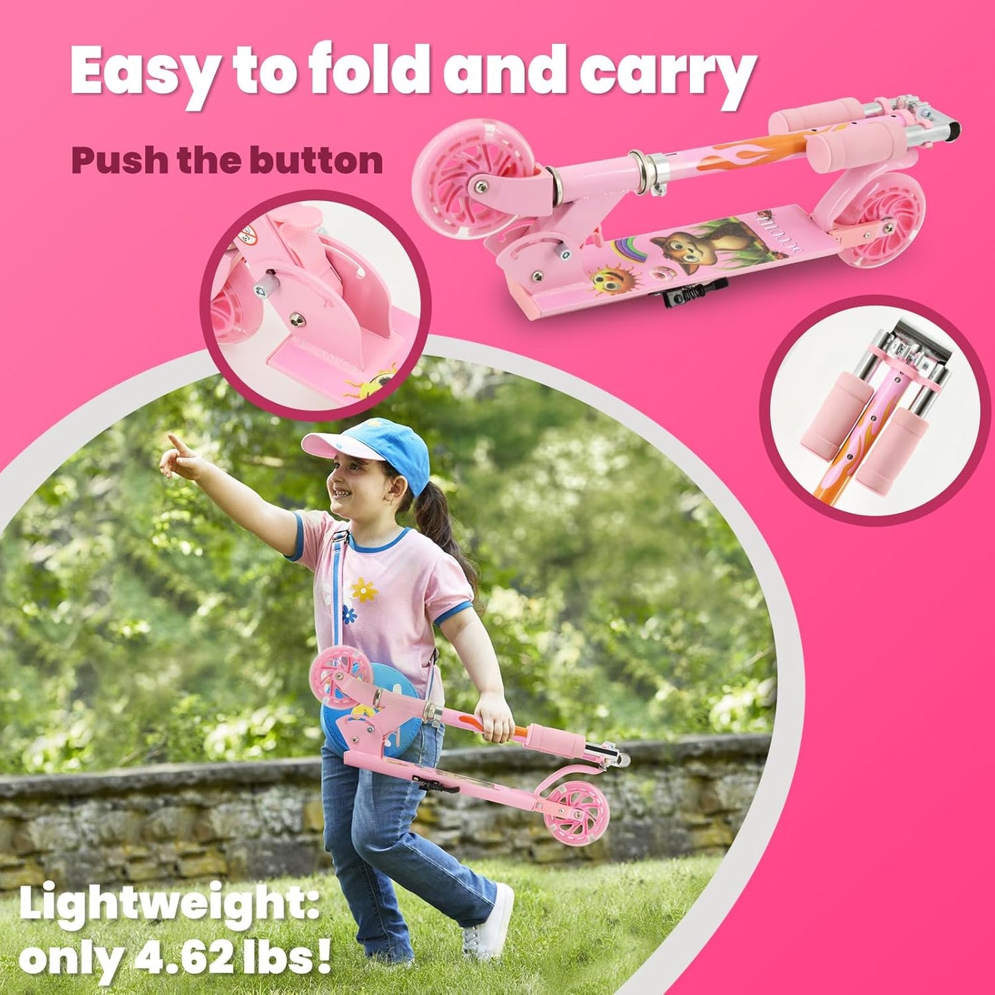 Scooter for Kids Ages 3+, Teens, Foldable Kick Scooter with Light up Wheels, Kickstand, 3 Adjustable Levels, Rear Brake, Lightweight Boys Girls Outdoor Toys for Kids 8-12, Pink