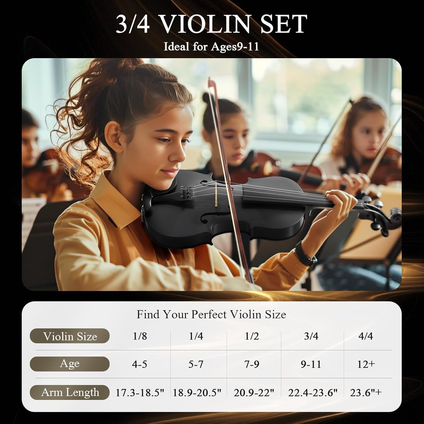 3/4 Beginner Violin Kit,Complete Violin Set with Case, Bow, Rosin,Black
