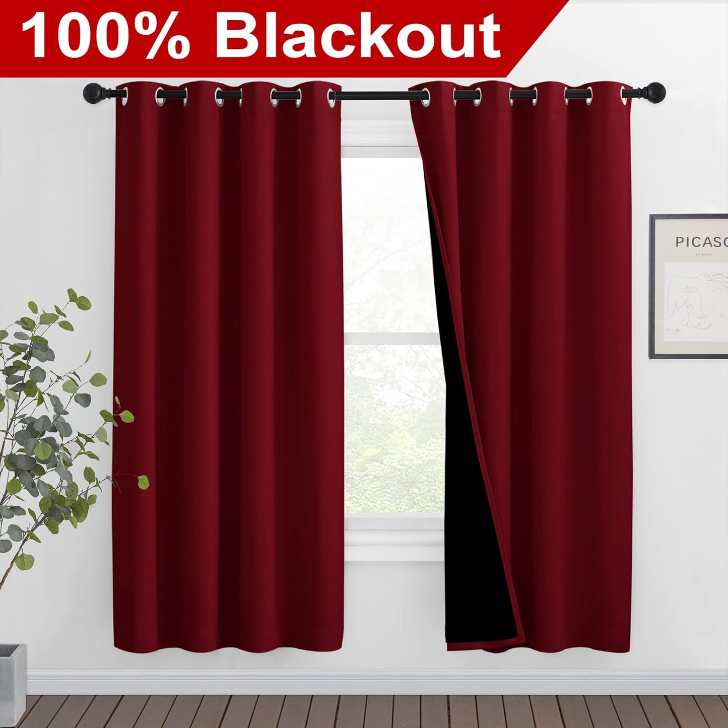 NICETOWN Living Room Completely Shaded Draperies, Privacy Protection & Noise Reducing Ring Top Drapes, Black Lined Insulated Window Treatment Curtain Panels(Burgundy Red, 2 Pieces, W46 x L72)