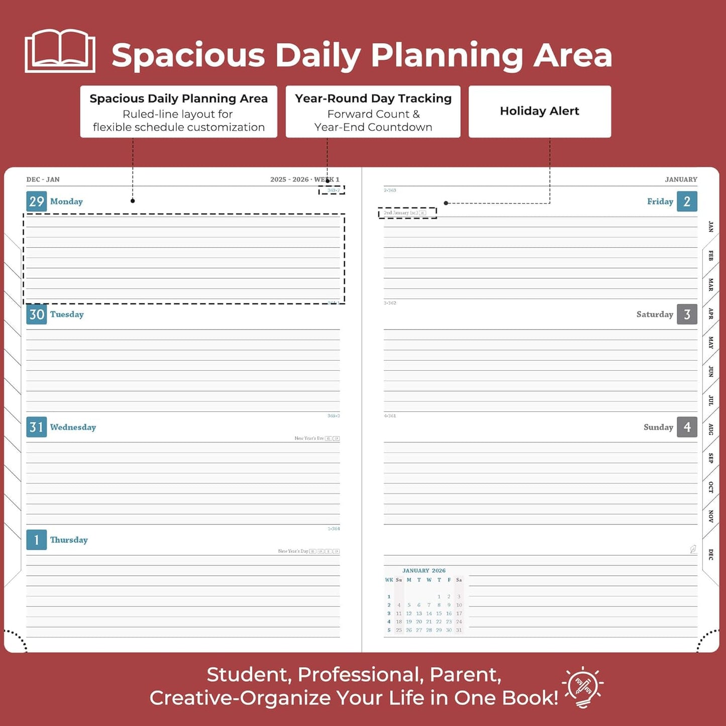 Planner 2026 Daily Weekly and Monthly,11.5"x8.5",12 Months Spiral Bound Calendar Agenda with Self-adhesive Pen Holder,2026 Appointment Book with Vegan Leather Soft Cover,Red
