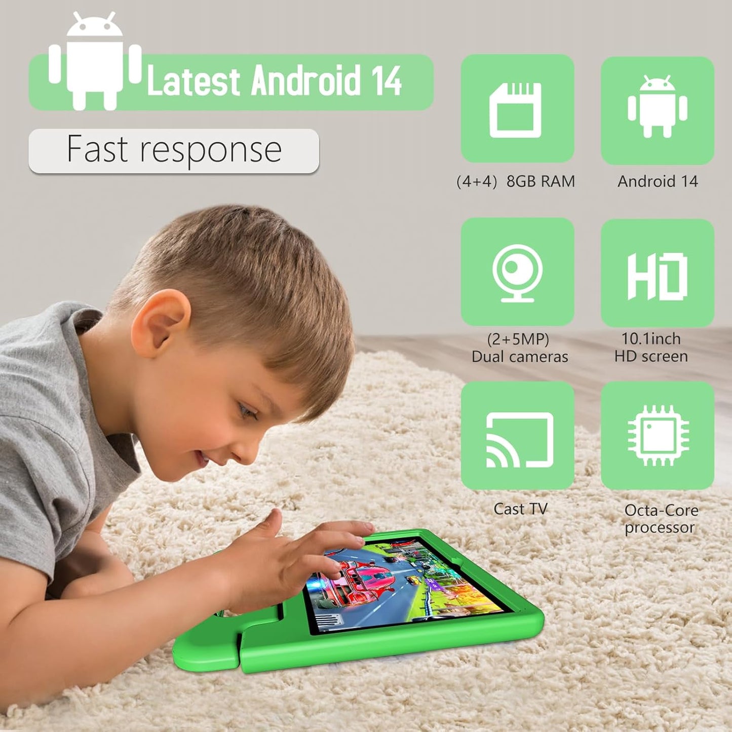 Tablet for Kids Age 3-12 10.1 inch Android 14 6000mAh 8GB RAM+64GB ROM Expandable to 1TB Kids Tablets WiFi6 Google Kids Space Parental Control 1280 * 800 HD Screen - Green