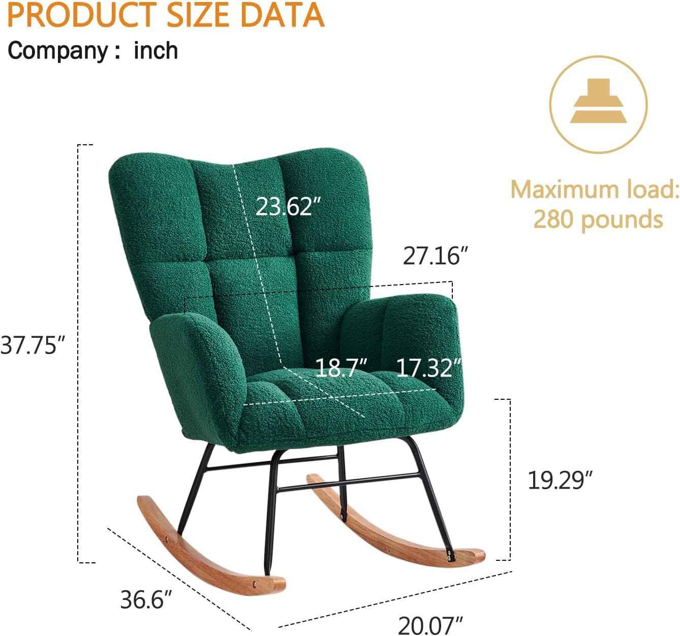 Kiztir Rocking Chair Nursery, High Backrest Teddy Glider Rocker Upholstered Rocker Recliner Modern Rocking Accent Chairs for Bedroom, Living Room, Offices (Green)