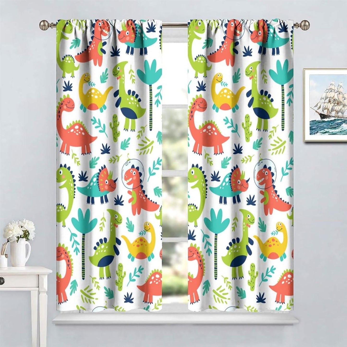 Rustic Dinosaurs Curtains Colorful Dino Kids Boys Cartoon Cute Cool Funny Decor Printed Blackout Rod Pocket Window Drapes for Living Room Bedroom W27.5xL63in 2 Panels
