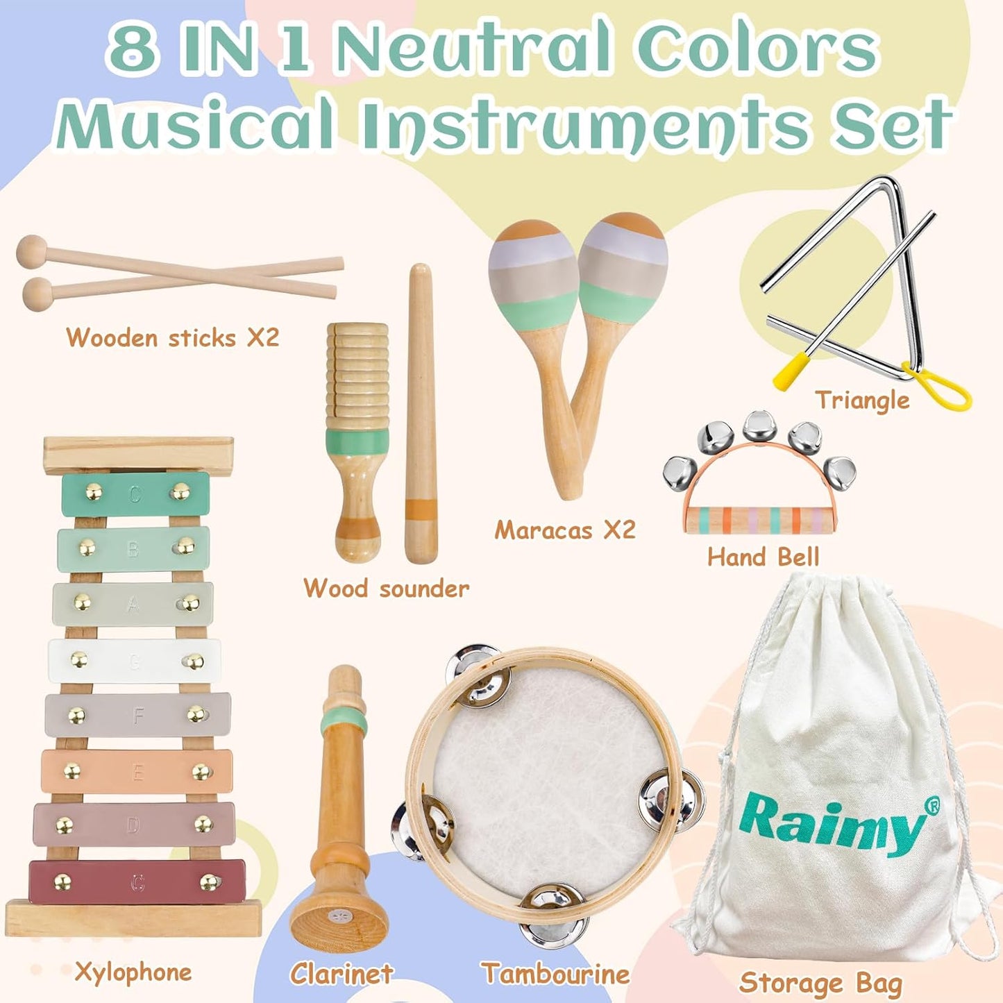 Raimy Musical Instruments Set - Neutral Colors Wooden Montessori Toys Percussion Music Modern Boho Xylophone Birthday Gifts for 1 2 3 Year Old Kids Baby Toddlers Boys Girls 3+ with Storage Bag