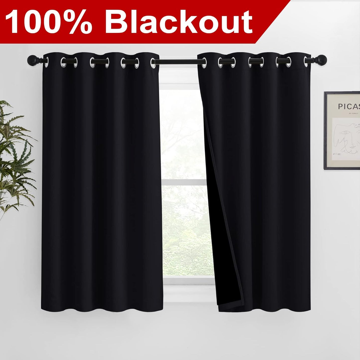 NICETOWN Complete 100% Blackout Curtain Set, Thermal Insulated & Energy Efficiency Window Draperies with Black Liner, Noise Reducing Short Curtains for Kids Room (Black, 46"W by 54"L, Double Panels)