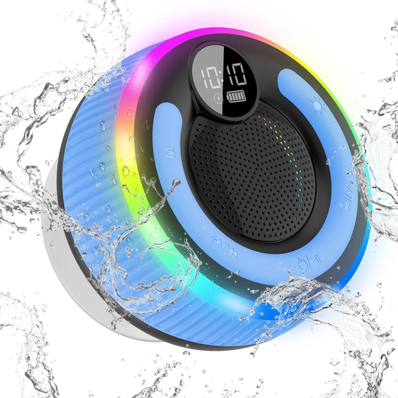 Bluetooth Speaker, HD Stereo Sound Shower Speaker, IPX7 Waterproof, Digital Display Portable with Suction Cup, LED Light, Small Wireless for Outdoor Party Beach Bathroom, Blue
