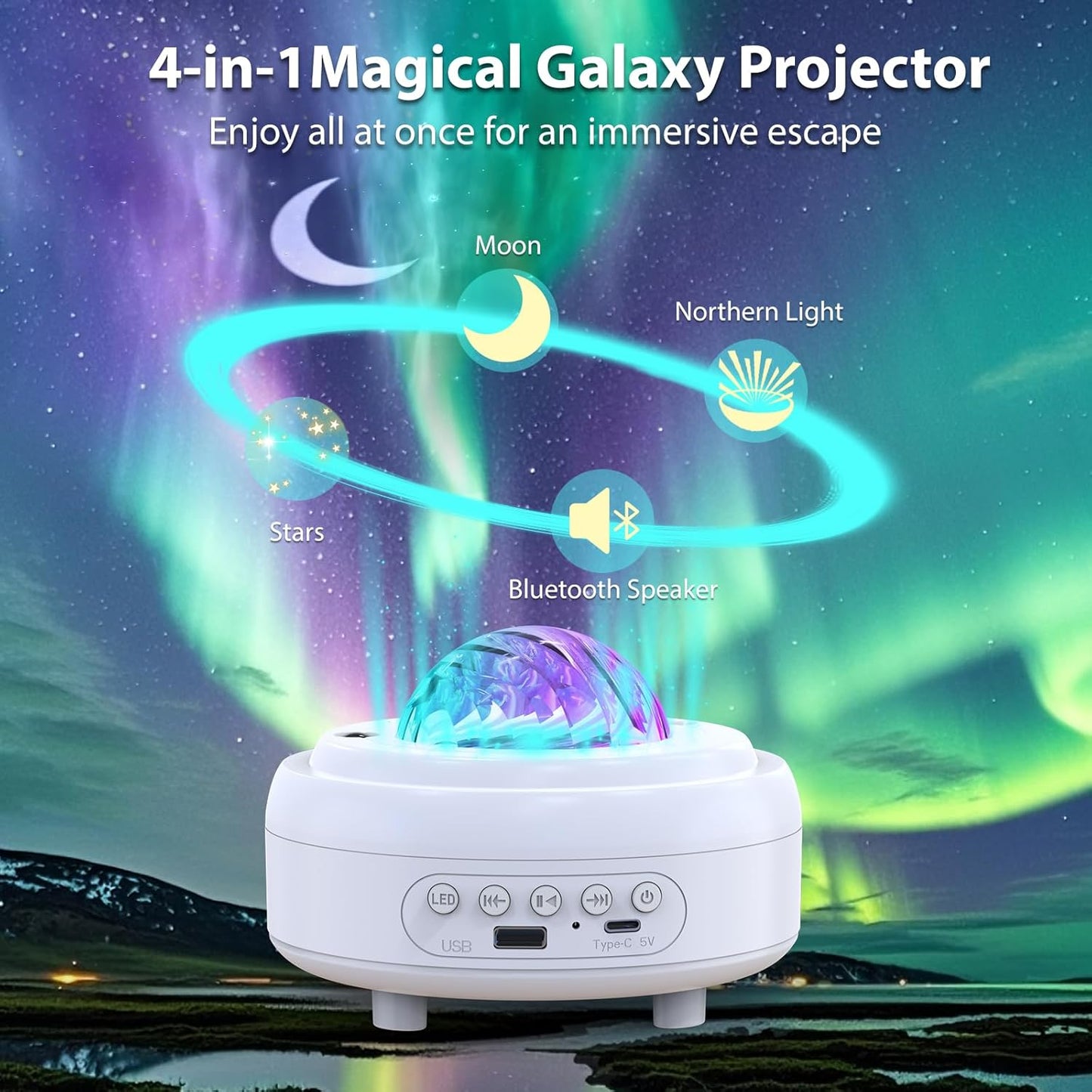 Galaxy Projector with Bluetooth Speaker, Night Light Star Projector for Bedroom, 8 Modes Northern Lights Aurora Projector with Moon, Mood Ambient Lighting for Kids Adults Room, Cord Powered