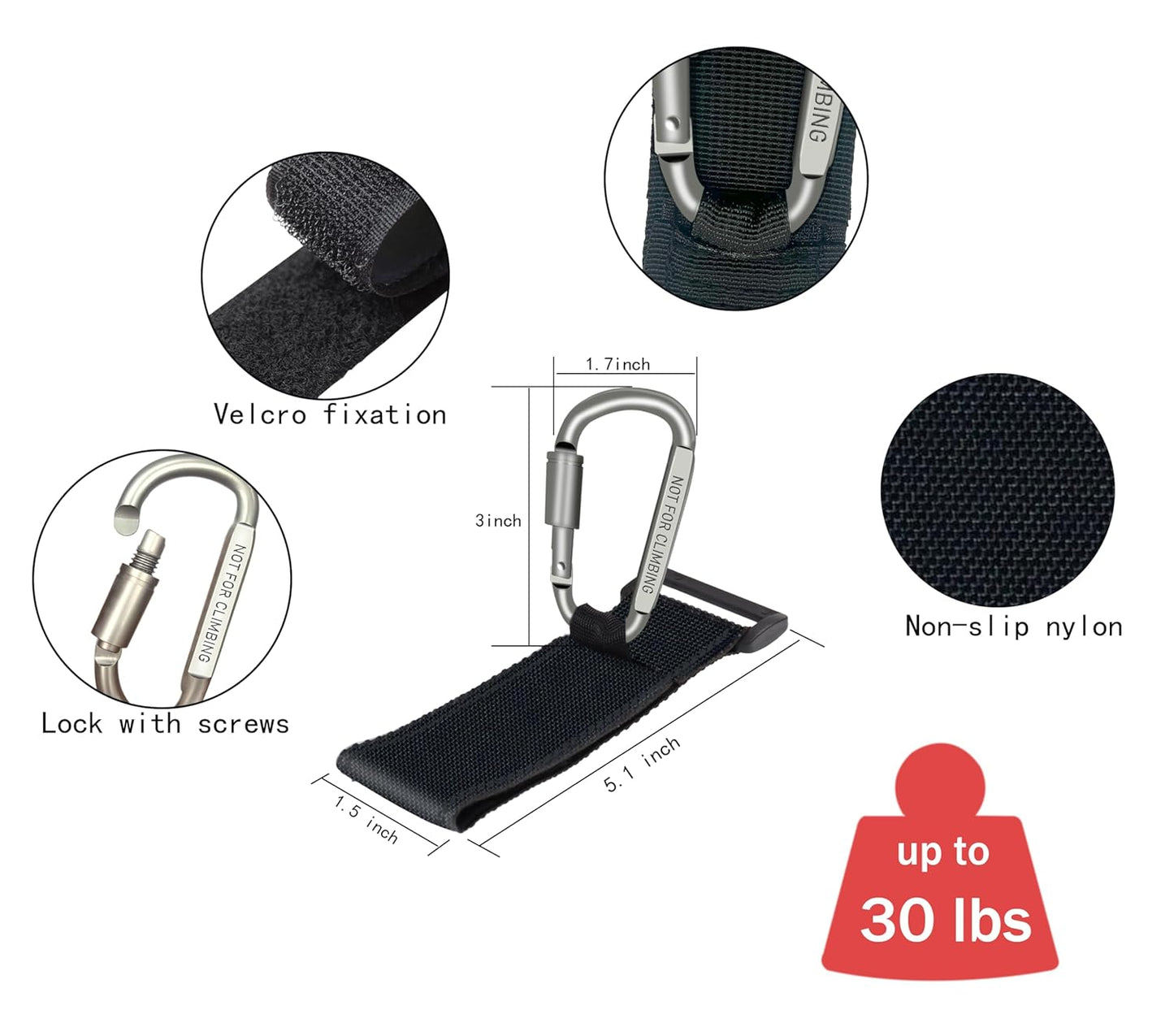 2 Pcs Baby Stroller Hook with Locking Mechanism, Carry 30 lbs per Stroller Carabiner Clip, Adjustable Baby Stroller & Car Seat Hook for Hanging Diaper Bag, Golf, Shopping and Pet Cart