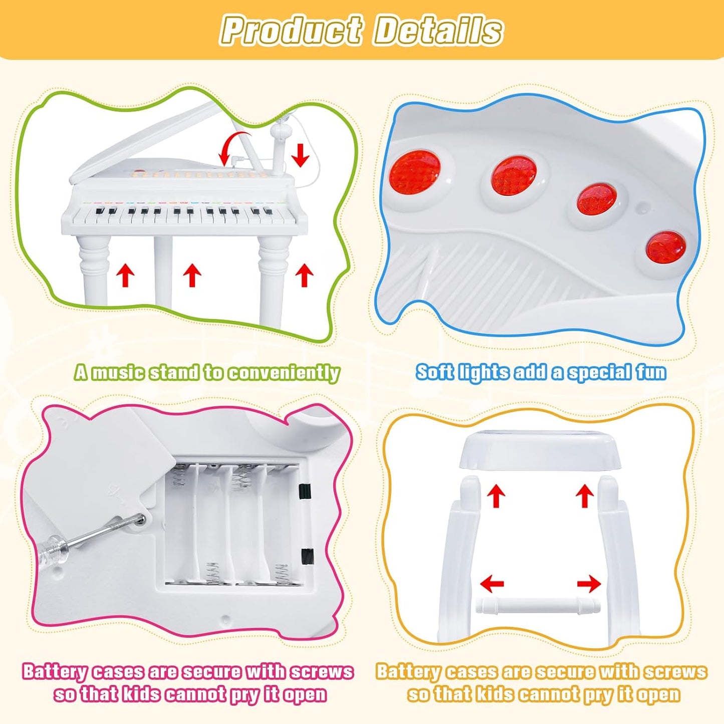 Love&Mini Piano Toy Keyboard 31 Keys for Age 3+ Year Old Girls Boys Birthday Gifts, Kids Keyboard Toy Instruments Piano with Microphone and Stool