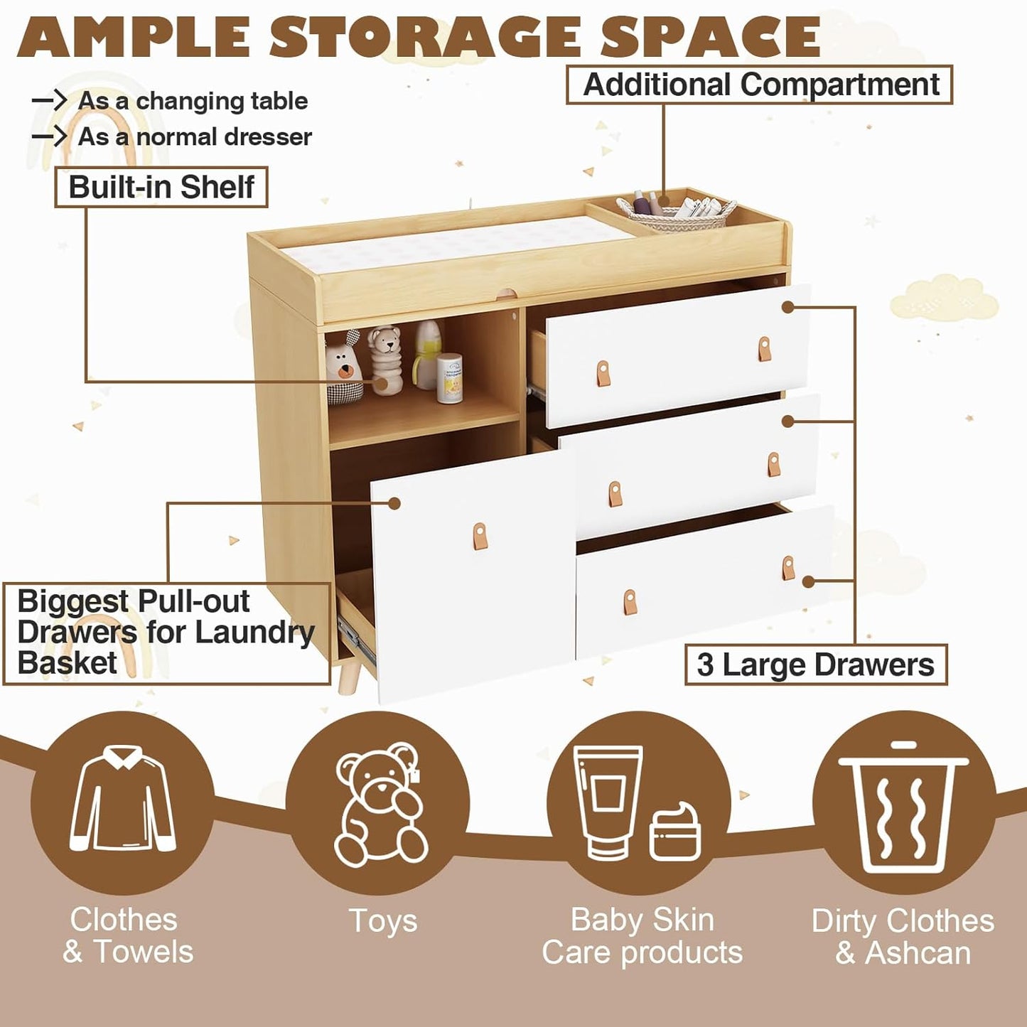 Baby Dresser Changing Table with Drawers,Shelf,Hidden Laundry Basket Storage,2 in 1 Nursery Dresser Chest for Infants, Baby Diaper Changing Station for Daycare,Bedroom,Natural