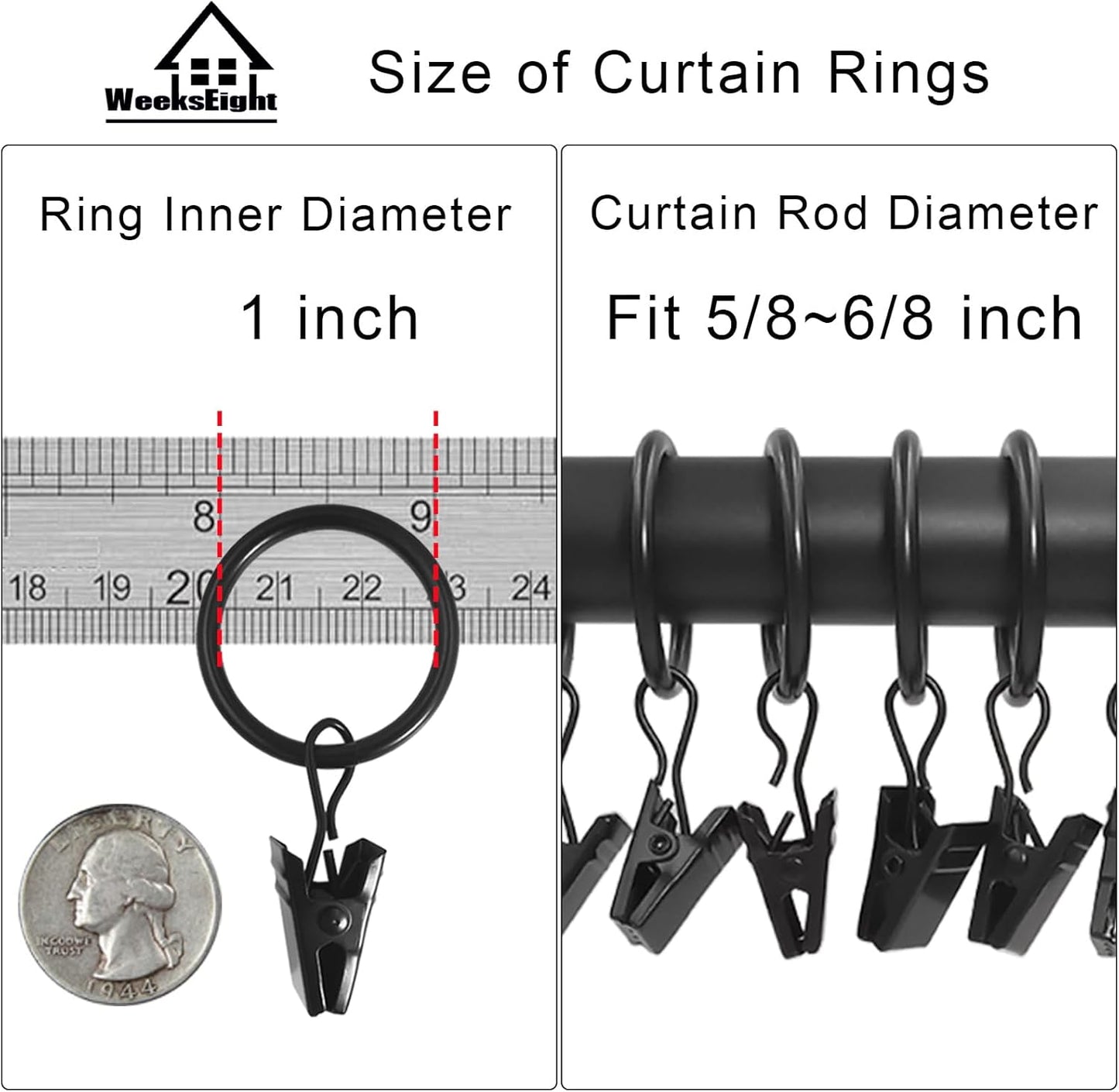 44 Pack Black Curtain Rings with Clips, Curtain Hooks Hangers Clip Rings for Hanging Drapes Bows Hat, Drapery Rings 1 in I D, Fits up to 5/8 in Diameter Curtain Rod.