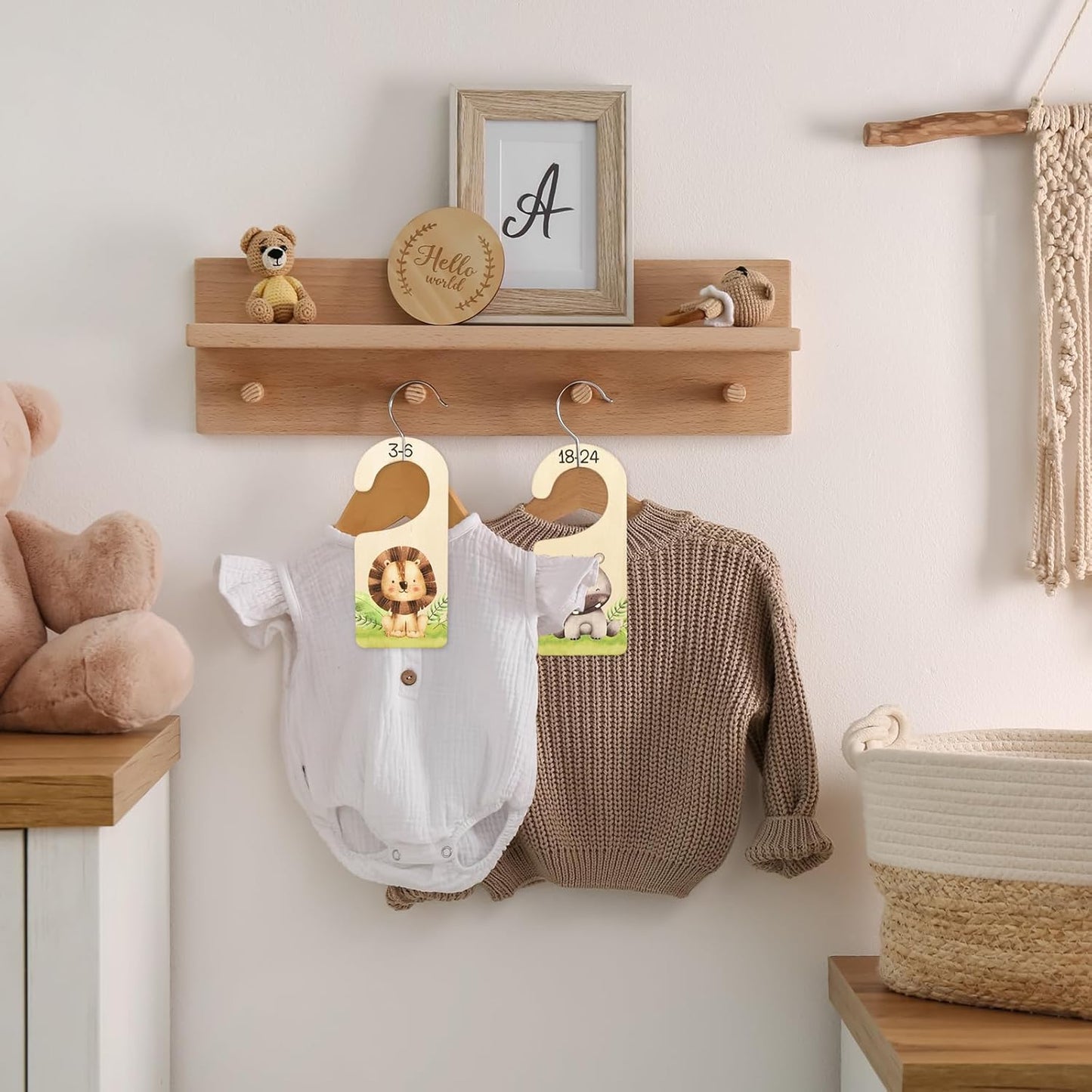 Whaline 8Pcs Baby Closet Size Dividers Watercolor Safari Animals Hanging Wooden Baby Closet Organizer Newborn to 24 Months Thicken Baby Wardrobe Organizer