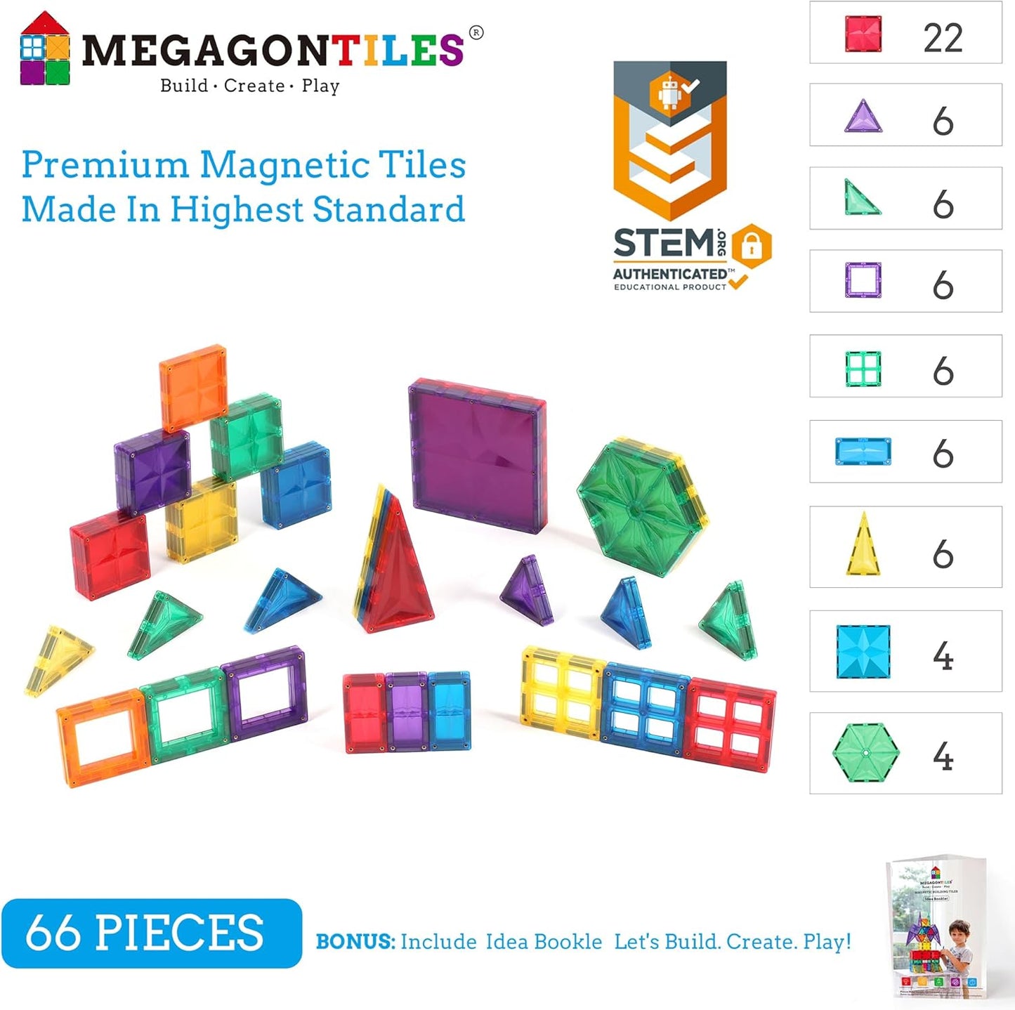 66PCS Premium MagneticTiles, MagnetTiles, STEM AUTHENTICATED, Magnetic Blocks,Polygons Magnet Set, Magnetic Building Blocks, Magnets for Kids, MagneticTile Toy Boys Girls Age 3 4 5 6 7 8