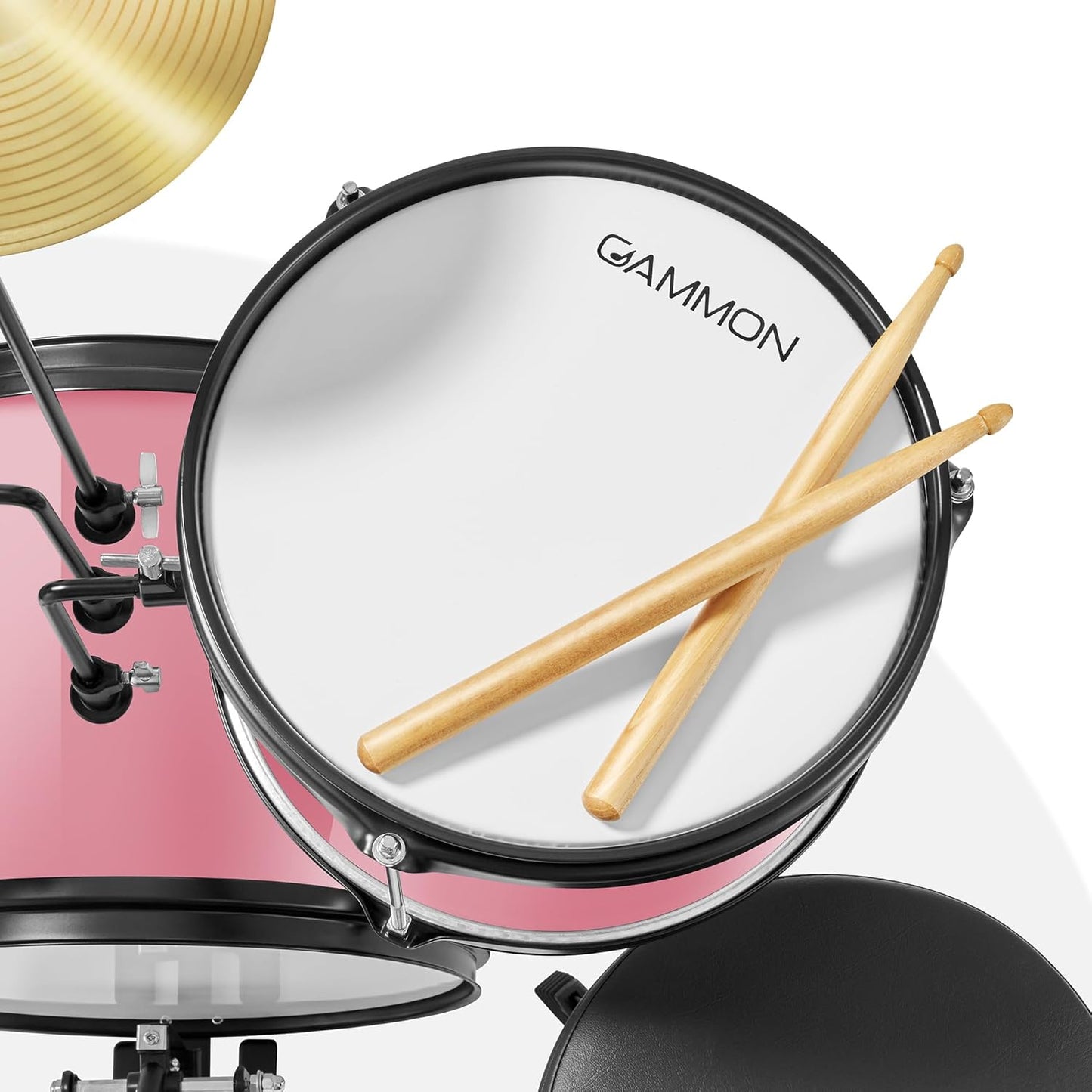 Gammon 3-Piece Junior Drum Set with Throne - Pink, Complete Beginner Kit with Bass Drum, Toms, Cymbal, Pedal, and Drumsticks