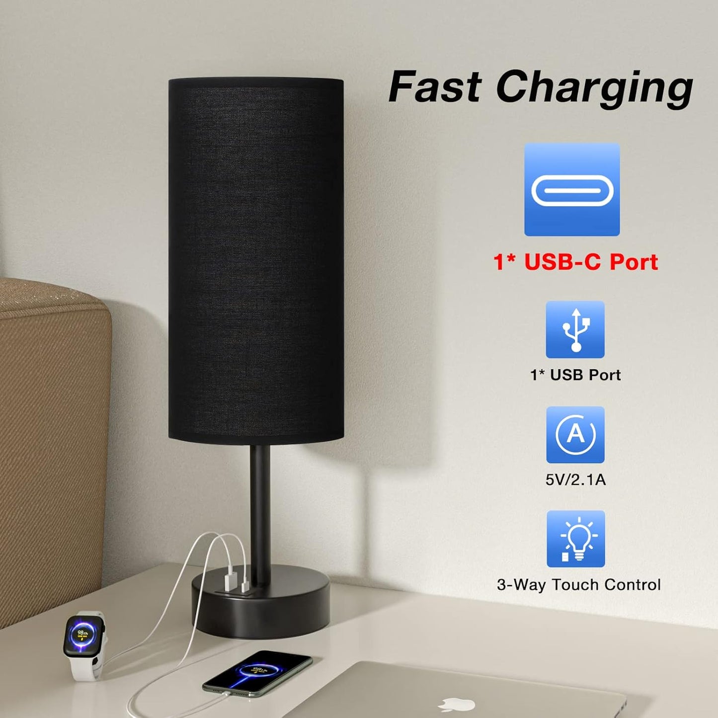 Black Touch Nightstand Lamps for Girl - Small Bedside Lamp with USB-C and USB Charging Ports, 3 Way Dimmable Control Table Lamp for Living Room Office, Dorm, Reading with Fabric Shade Black Base